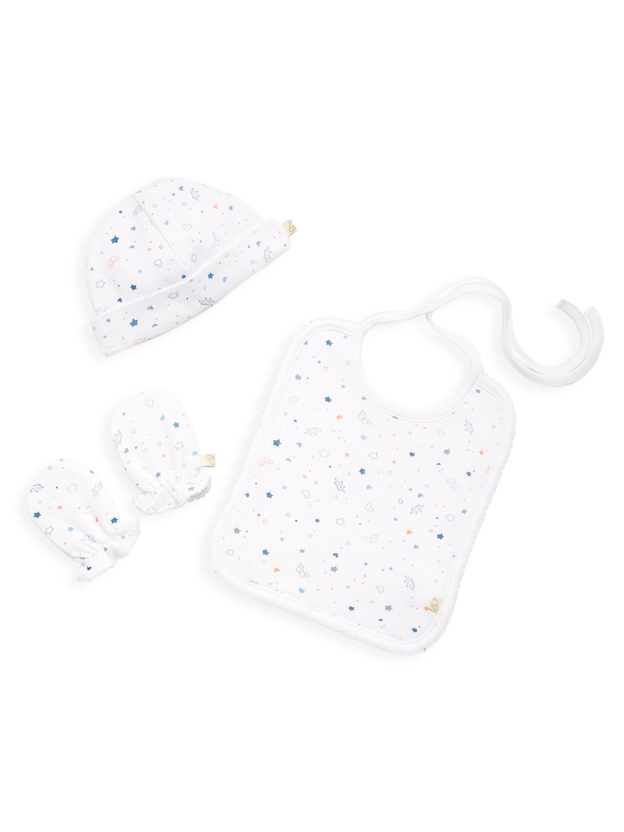 Marie-Chantal Baby's Star & Crown Print Hat, Bib & Mittens Set - Blue