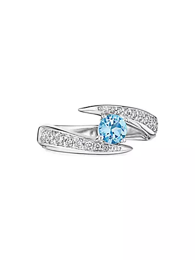 18K White Gold, Blue Aquamarine & 0.4 TCW Diamonds Bypass Ring