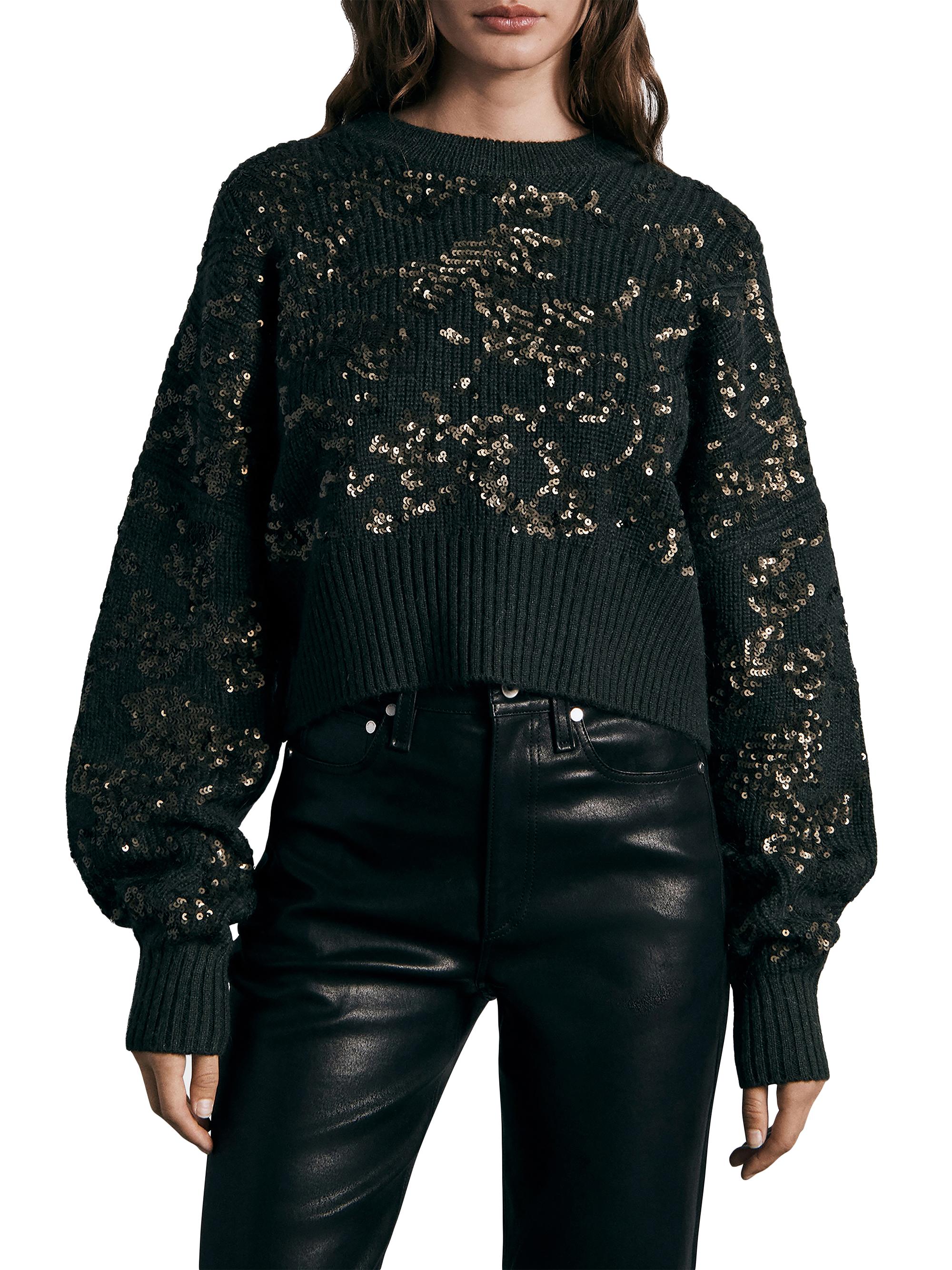 rag & bone Women's Liza Sequin-Embellished Wool Crop Sweater - Dark Green