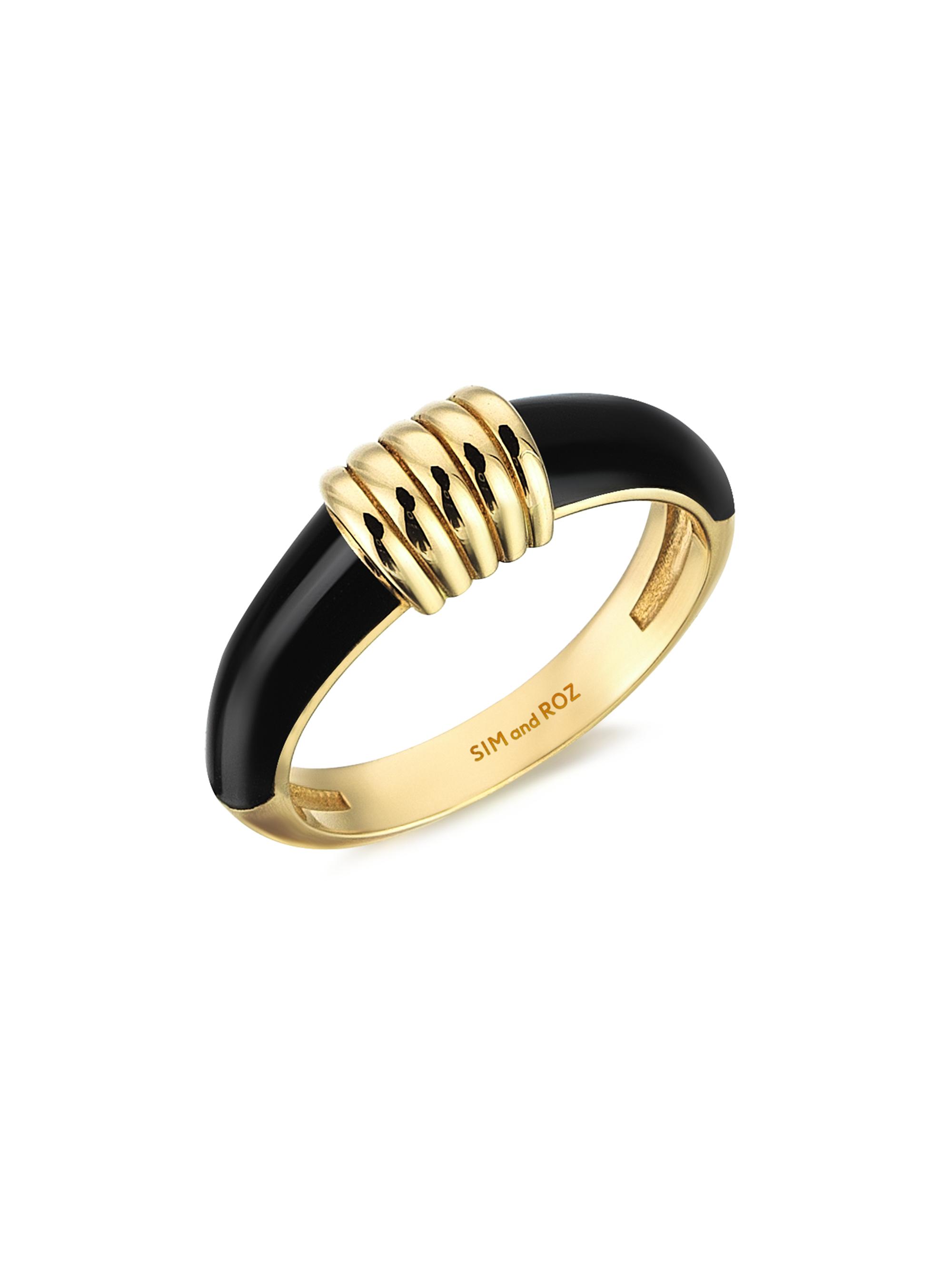 Sim and Roz Women's Connected Torque 14K Yellow Gold & Enamel Ring - Black