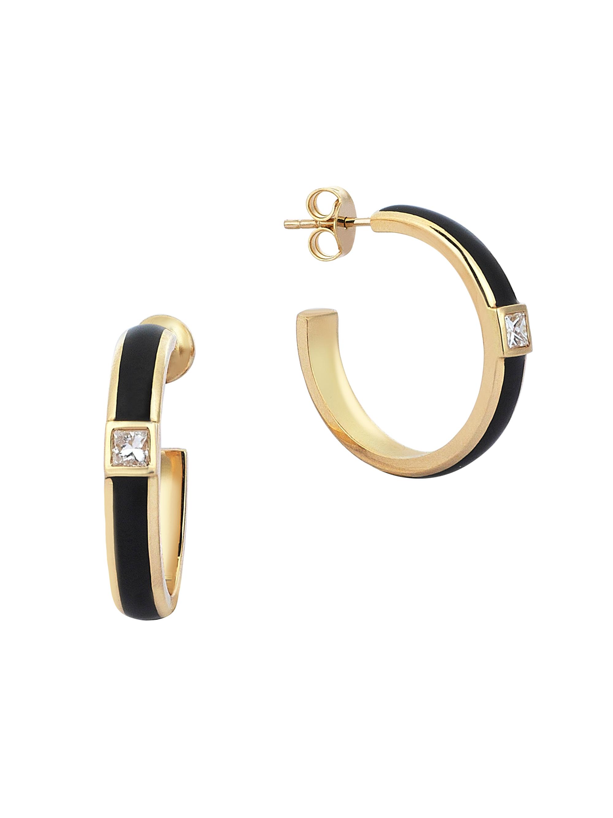 Sim and Roz Women's Vortex Disc 14K Yellow Gold, 0.18 TCW Diamond, & Enamel Hoop Earrings - Black