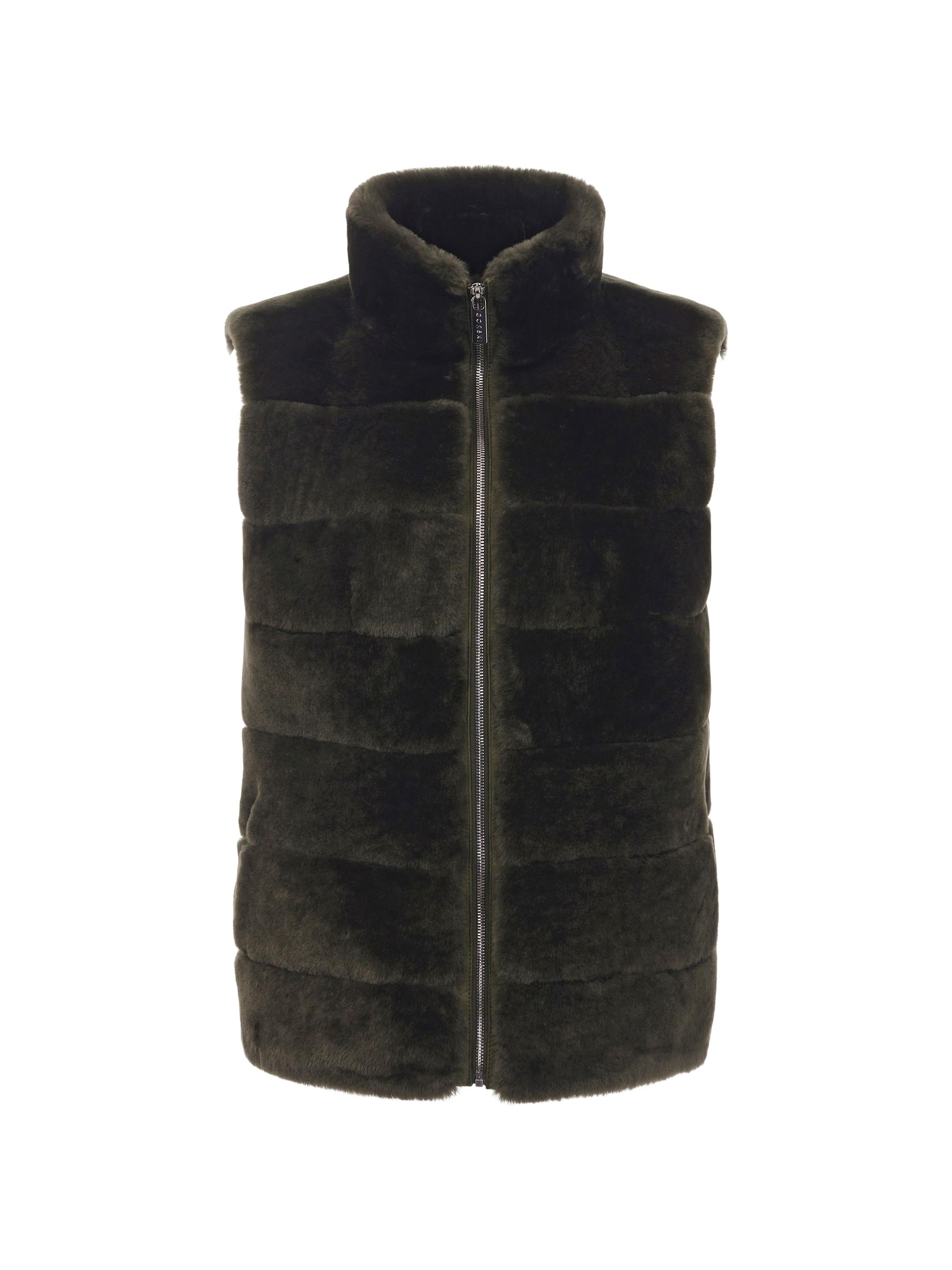 Gorski Women's Shearling Lamb Zip Vest with Quilted Back - Army Green