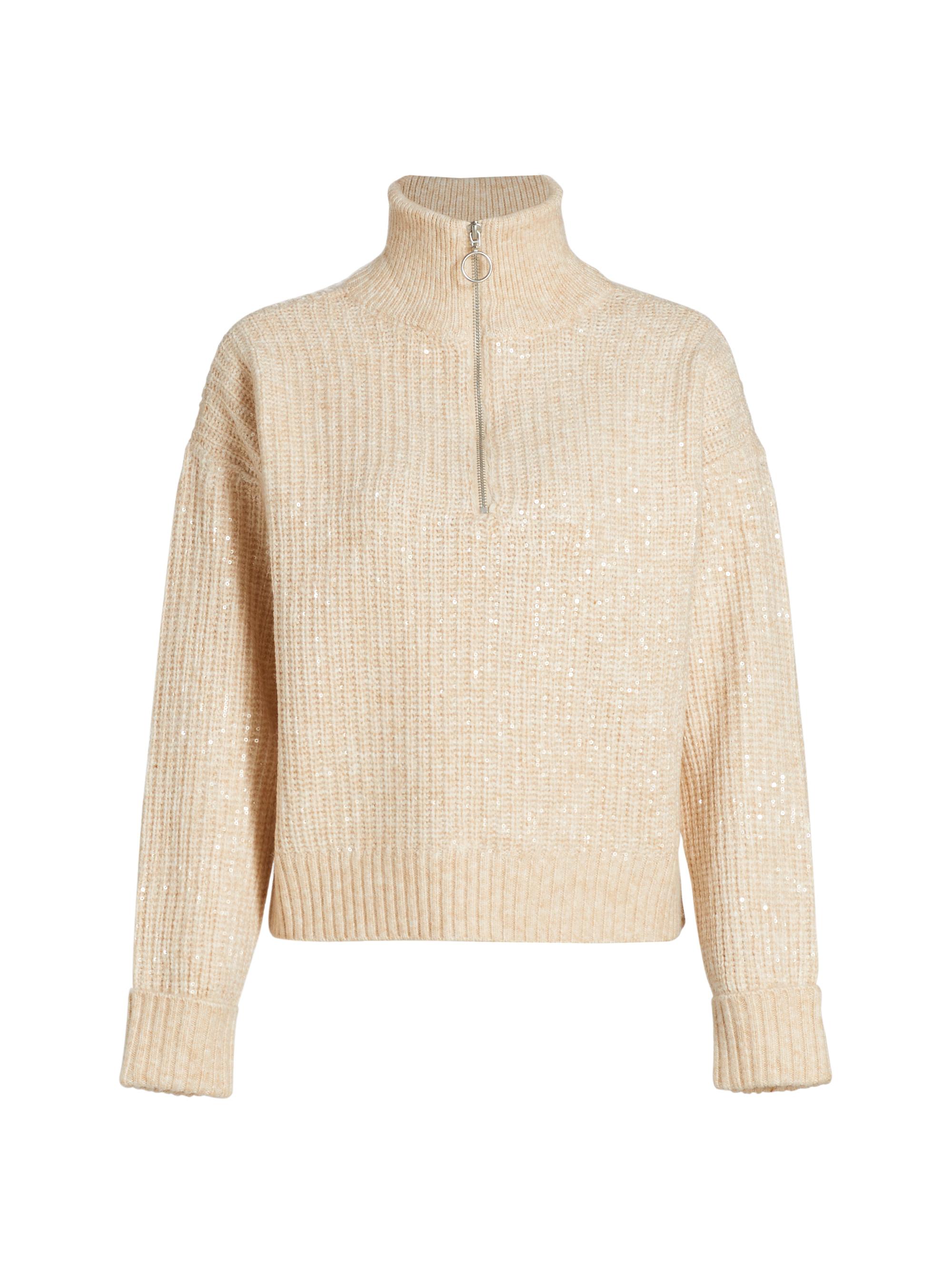 Design History Women's Sequin-Embroidered Quarter-Zip Sweater - Winter Wheat