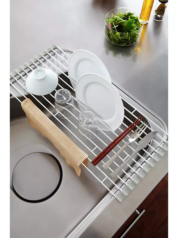 YAMAZAKI Dish Home Folding Sink Rack | Steel | Large | Drainer Tray, White