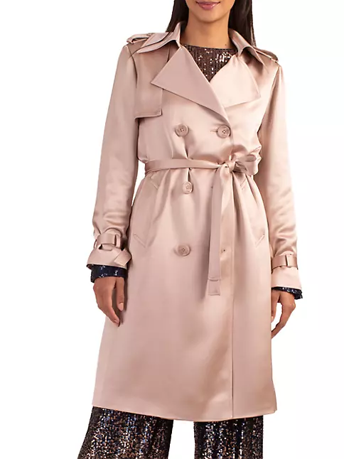 Shop Trina Turk South Belted Satin Double-Breasted Trench Coat