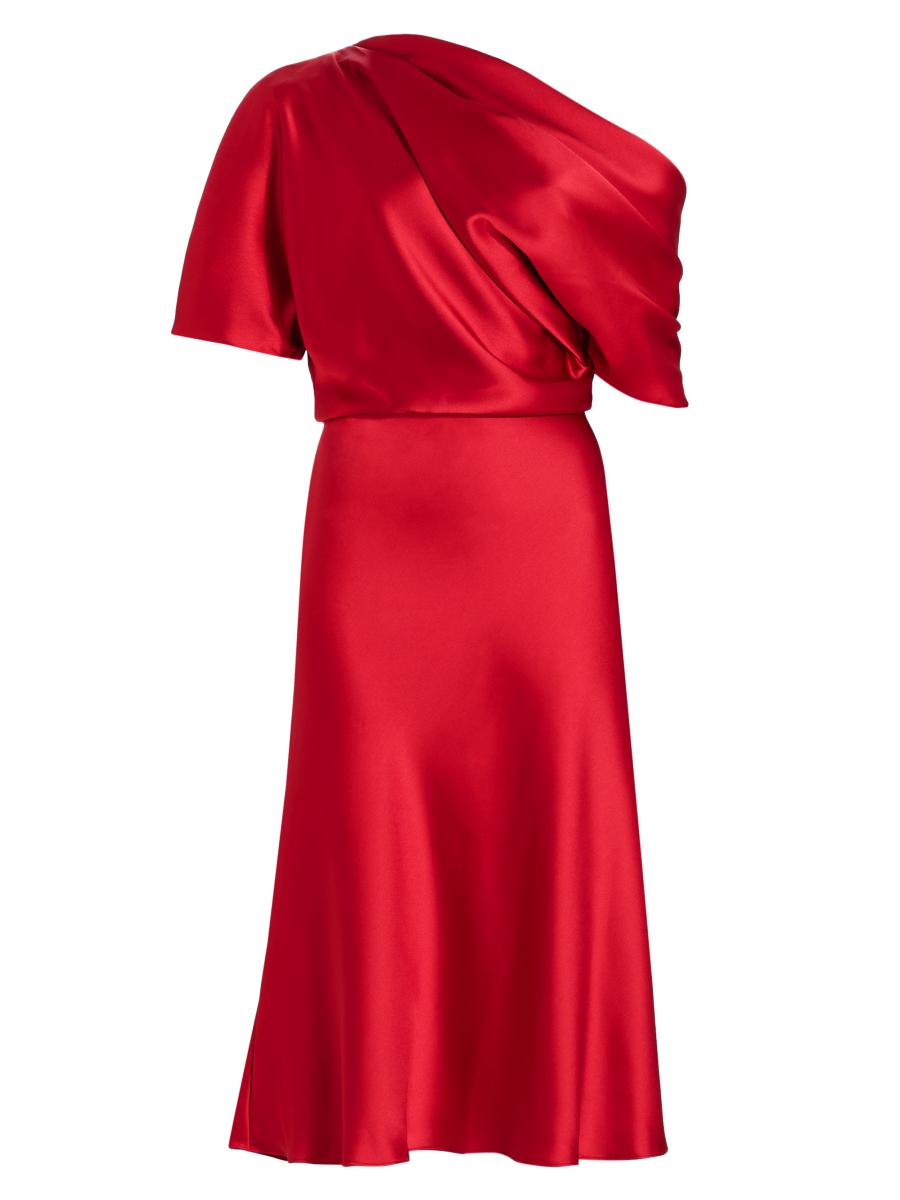 amsale draped one shoulder midi dress Amsale Women's Draped Satin One-Shoulder Midi-Dress - Lipstick
