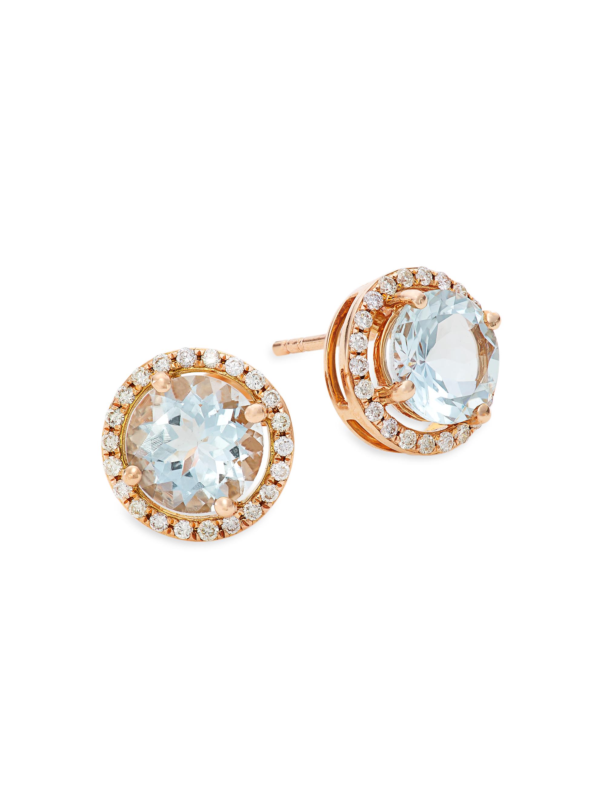 Saks Fifth Avenue Collection Women's 14K Rose Gold, Aquamarine, & 0.23 TCW Diamond Halo Stud Earrings - Rose Gold