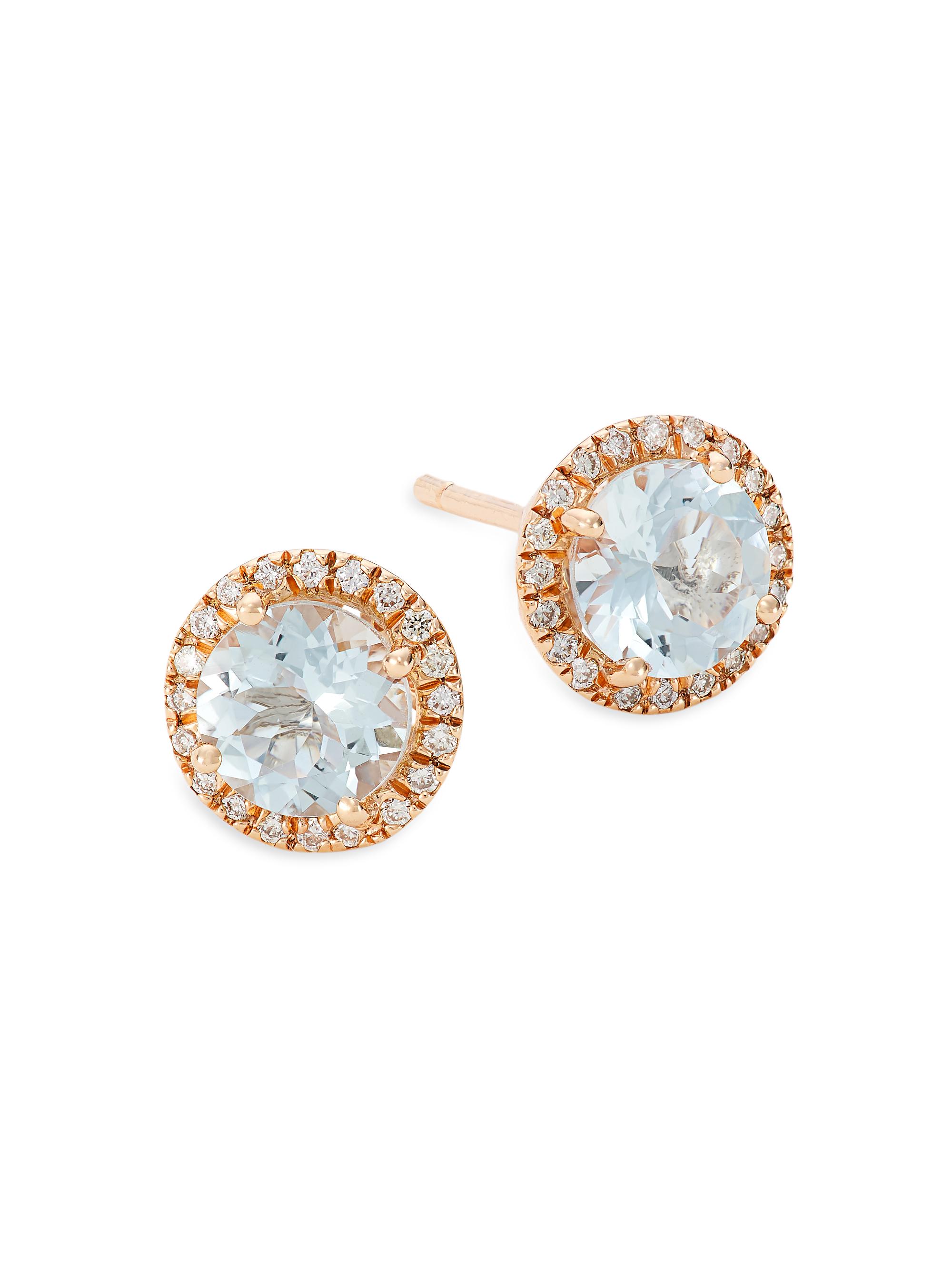 Saks Fifth Avenue Collection Women's 14K Rose Gold, Aquamarine, & 0.16 TCW Diamond Halo Stud Earrings - Rose