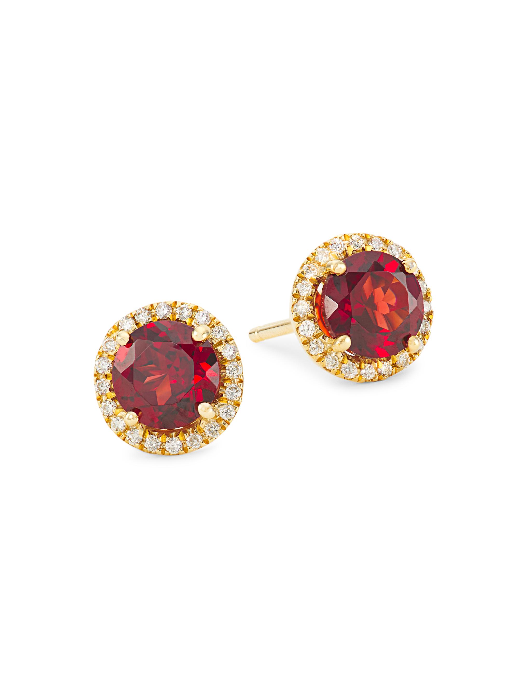 Saks Fifth Avenue Collection Women's 14K Yellow Gold, Garnet, & 0.16 TCW Diamond Halo Stud Earrings - Red