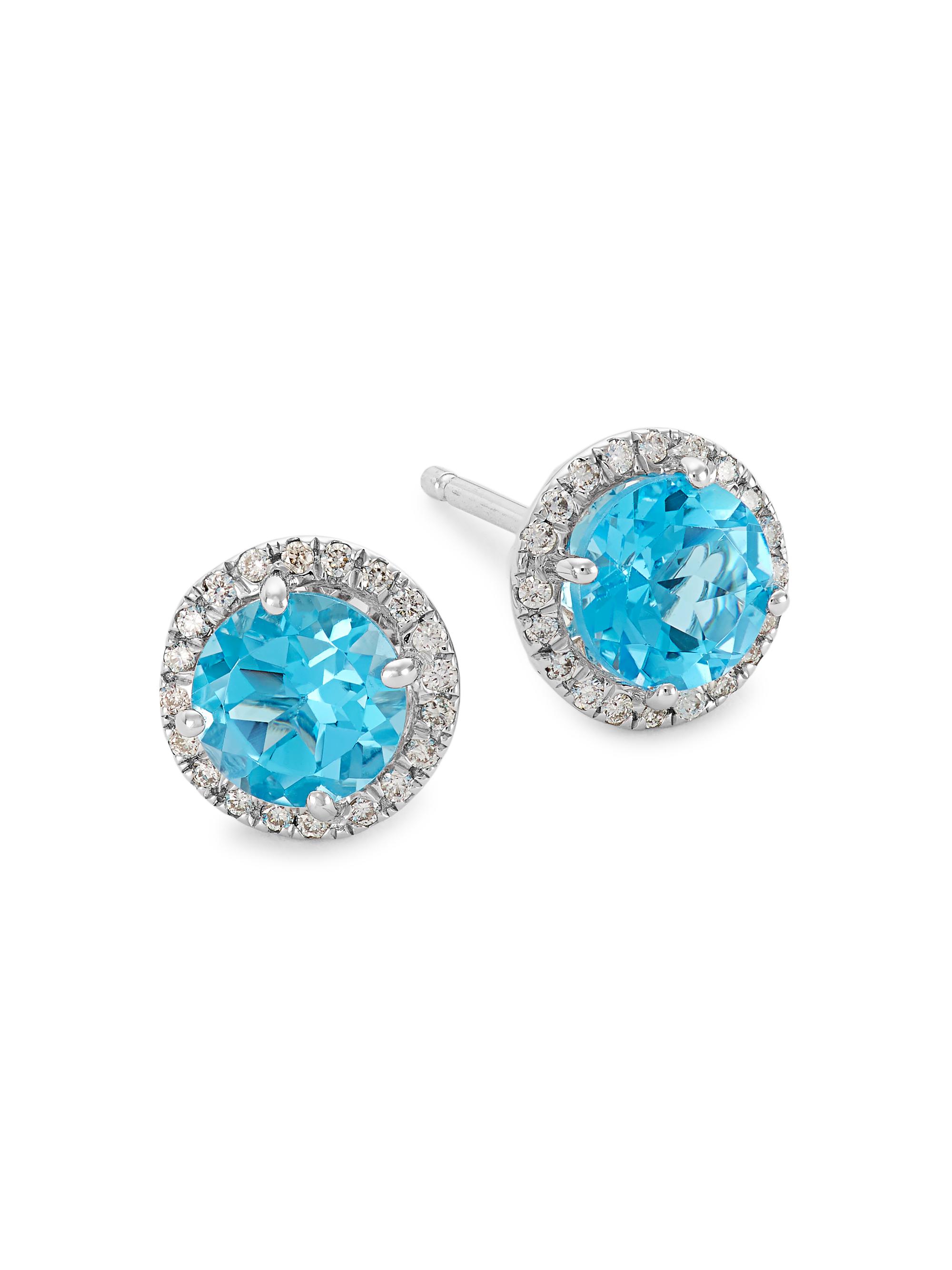 Saks Fifth Avenue Collection Women's 14K White Gold, Blue Topaz, & 0.16 TCW Diamond Halo Stud Earrings - Blue