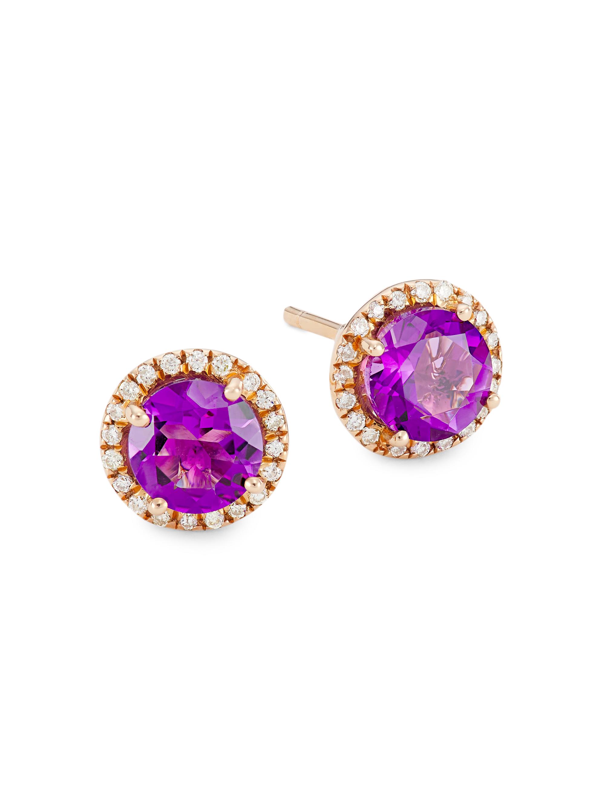 Saks Fifth Avenue Collection Women's 14K Rose Gold, Amethyst, & 0.16 TCW Diamond Halo Stud Earrings - Purple
