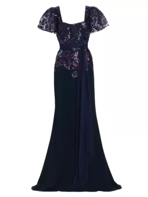 Badgley Mischka Women's Beaded Lace Flutter-Sleeve Gown - Navy Multi