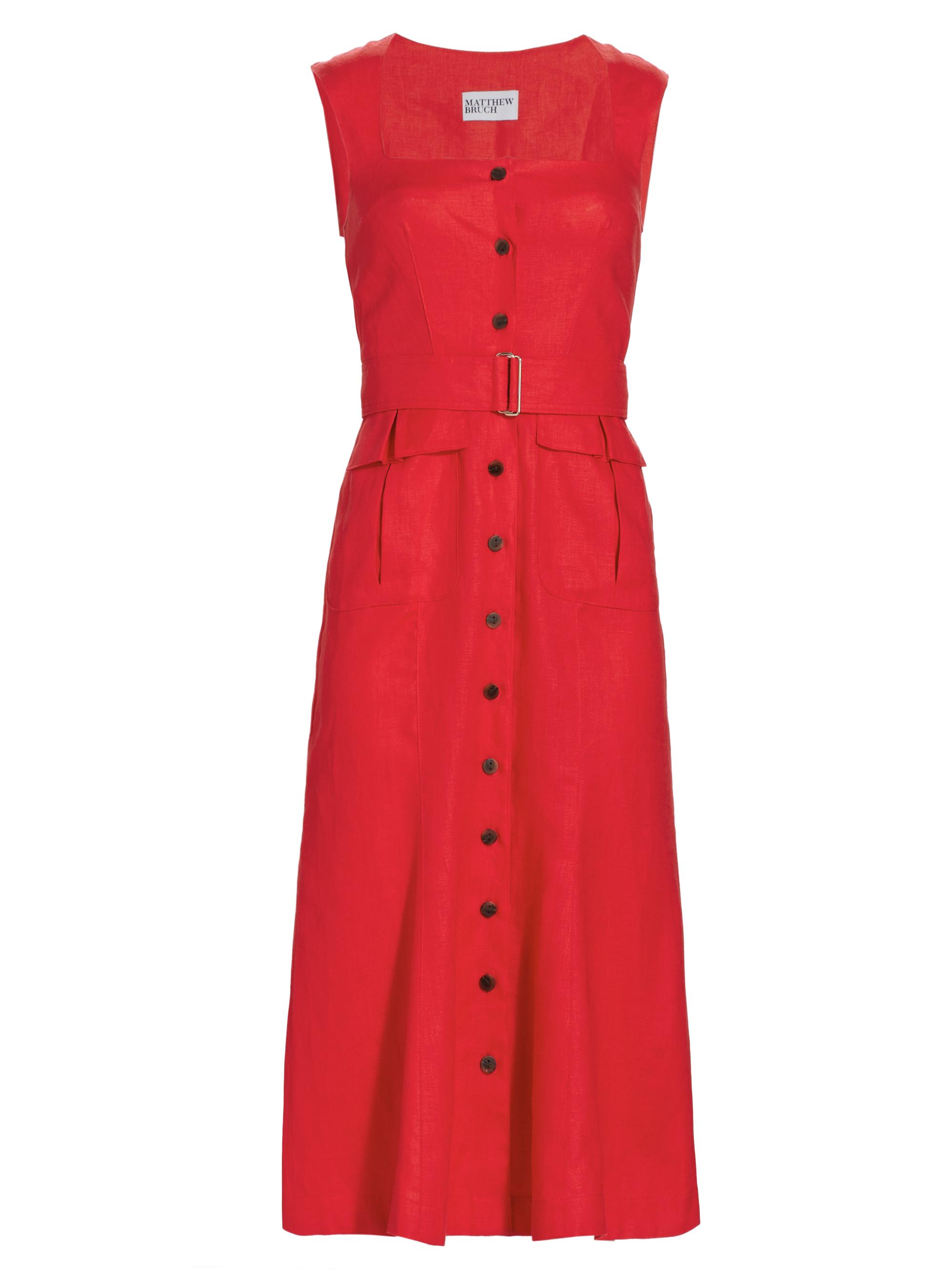 Matthew Bruch Belted Square Neck Linen Midi-Dress | Saks Fifth Avenue