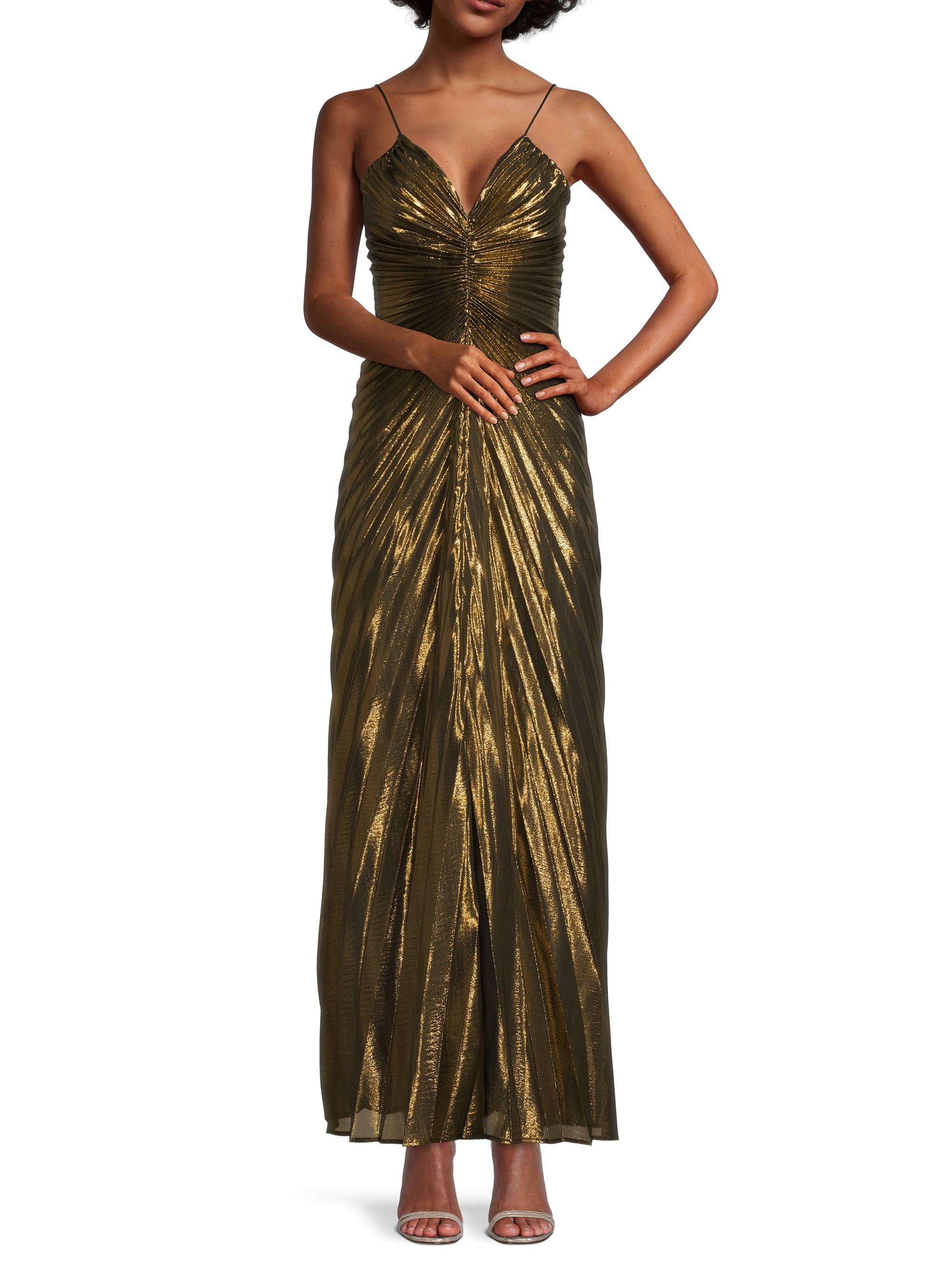 delfi gold pleated silk mini dress Marylin Metallic Maxi stopping look