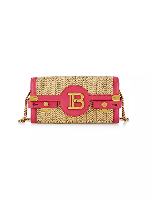 Shop Balmain B-Buzz 23 Leather-Trimmed Raffia Shoulder Bag