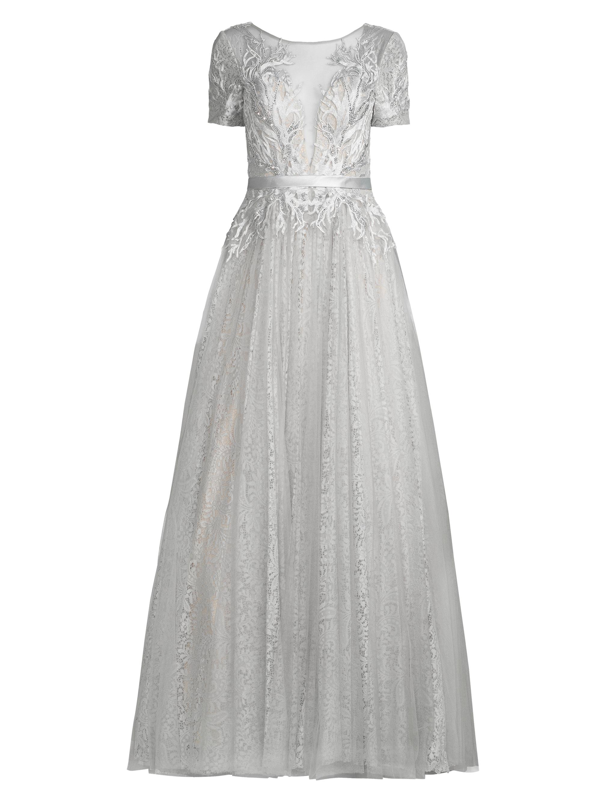 Basix Women's Illusion Burnout Lace Ball Gown - Silver