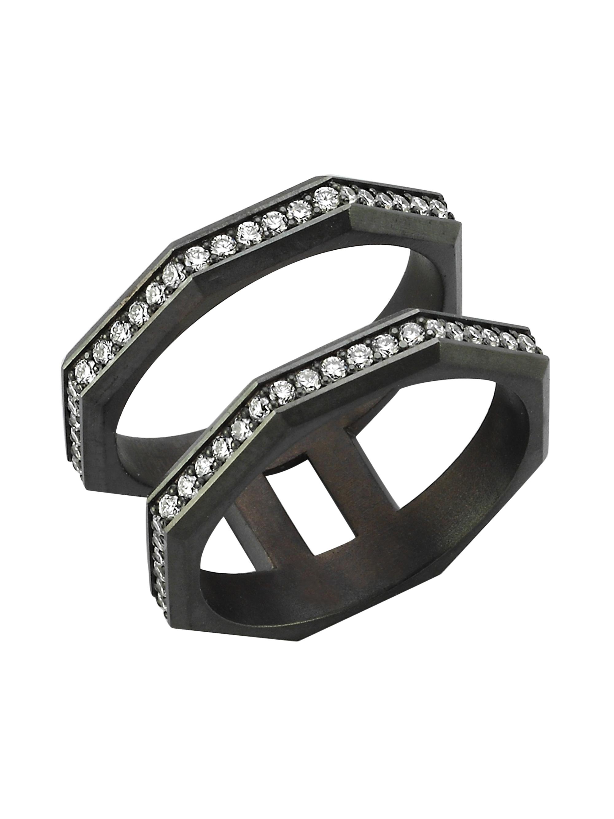 Ascher Women's Luminescence Black Rhodium-Plate & Diamond Vortex Stacked Ring - Black