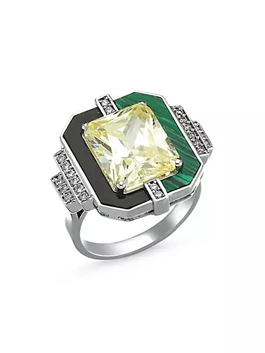 Luna Luce 18K White Gold, Diamond, Yellow Topaz & Malachite Ring