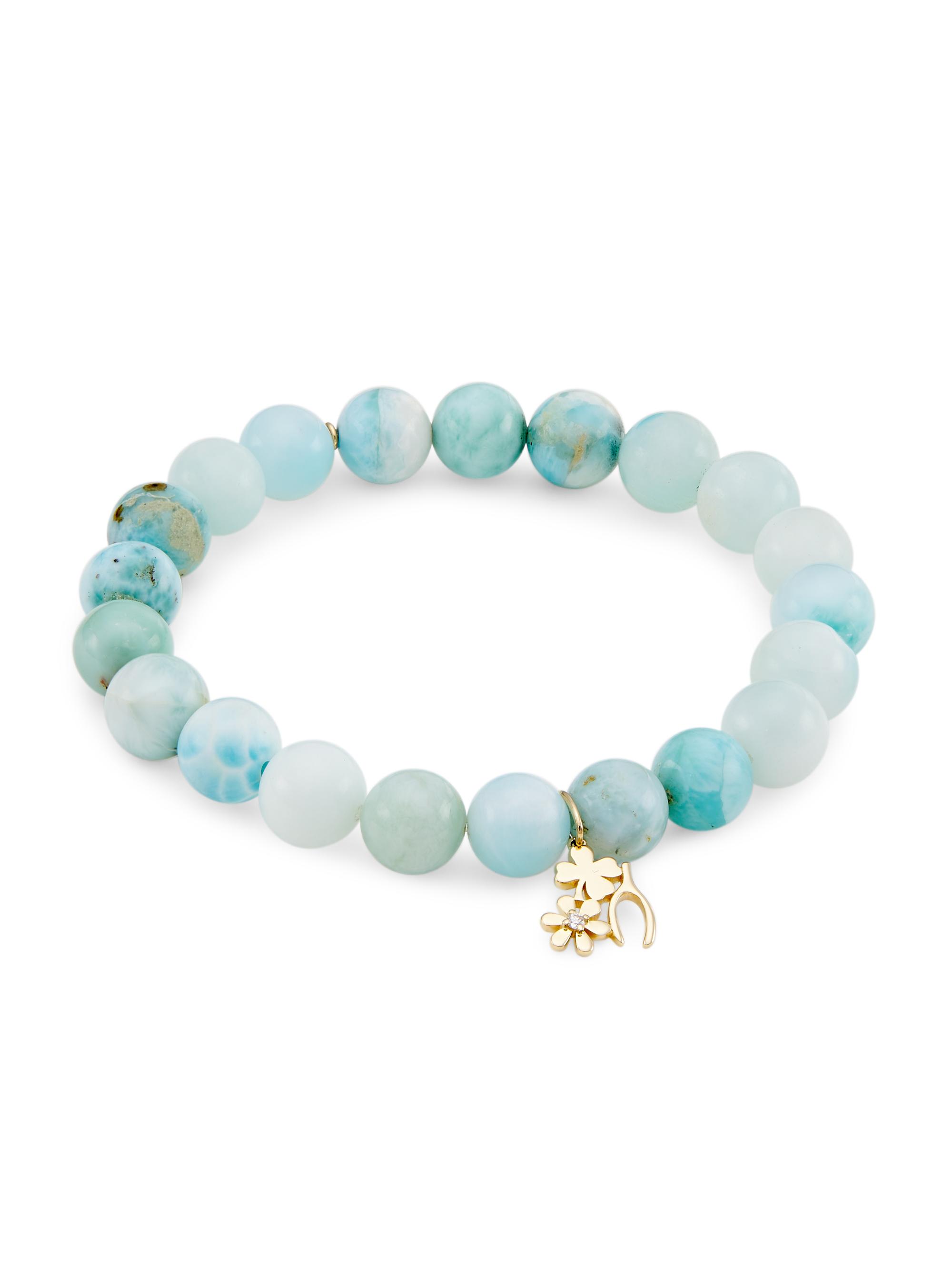 Sydney Evan Women's 14K Yellow Gold, Larimar, & 0.02 TCW Diamond Beaded Stretch Bracelet