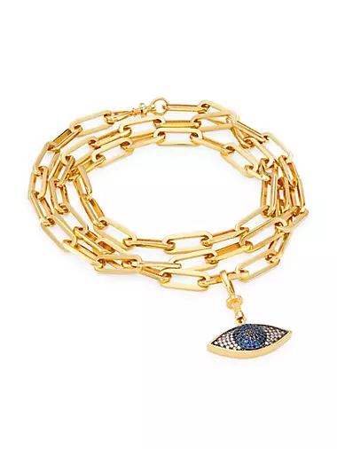 24K-Gold-Plated, Cubic Zirconia, & Blue Root Sapphire Evil Eye Charm Bracelet