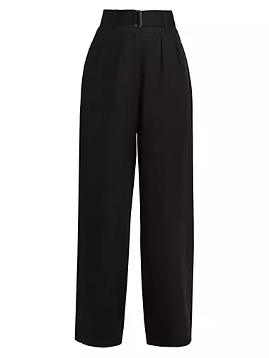Alina Belted Pleated Linen Wide-Leg Pants