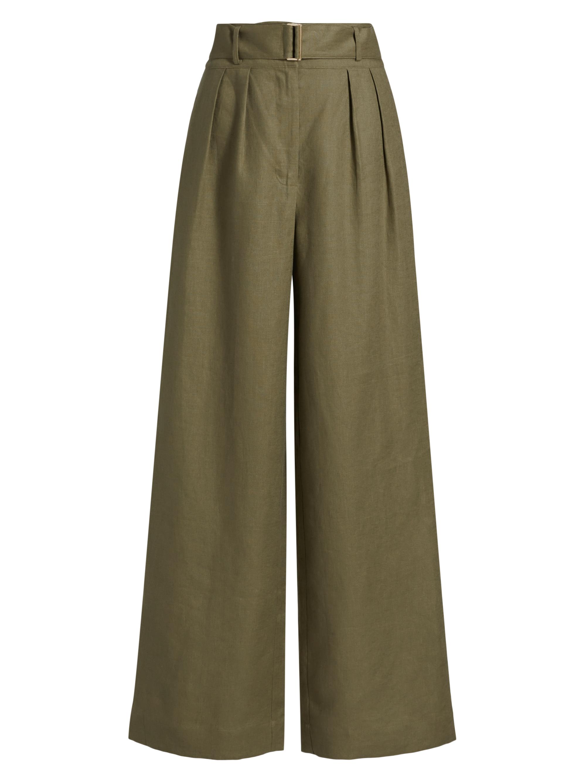 Hevron Women's Alina Belted Pleated Linen Wide-Leg Pants - Olive