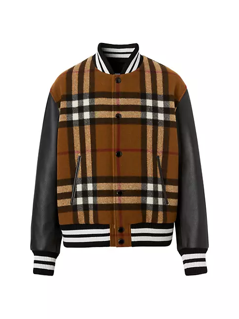 Shop Burberry Felton Wool Check & Leather Bomber Jacket | Saks