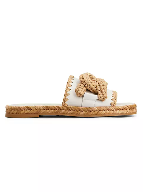 Raffia Trimmed Leather Sandals in White - Tods