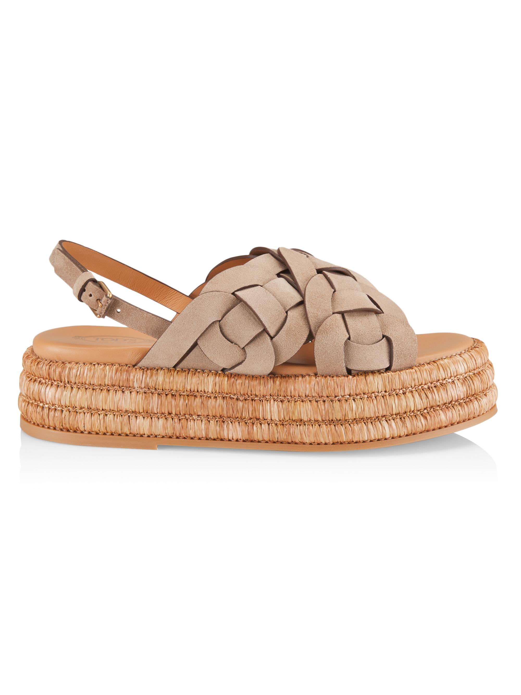 Tod's Women's Zeppa 72K Fasce Anelli Raffia Sandals - Tabacco Chiaro