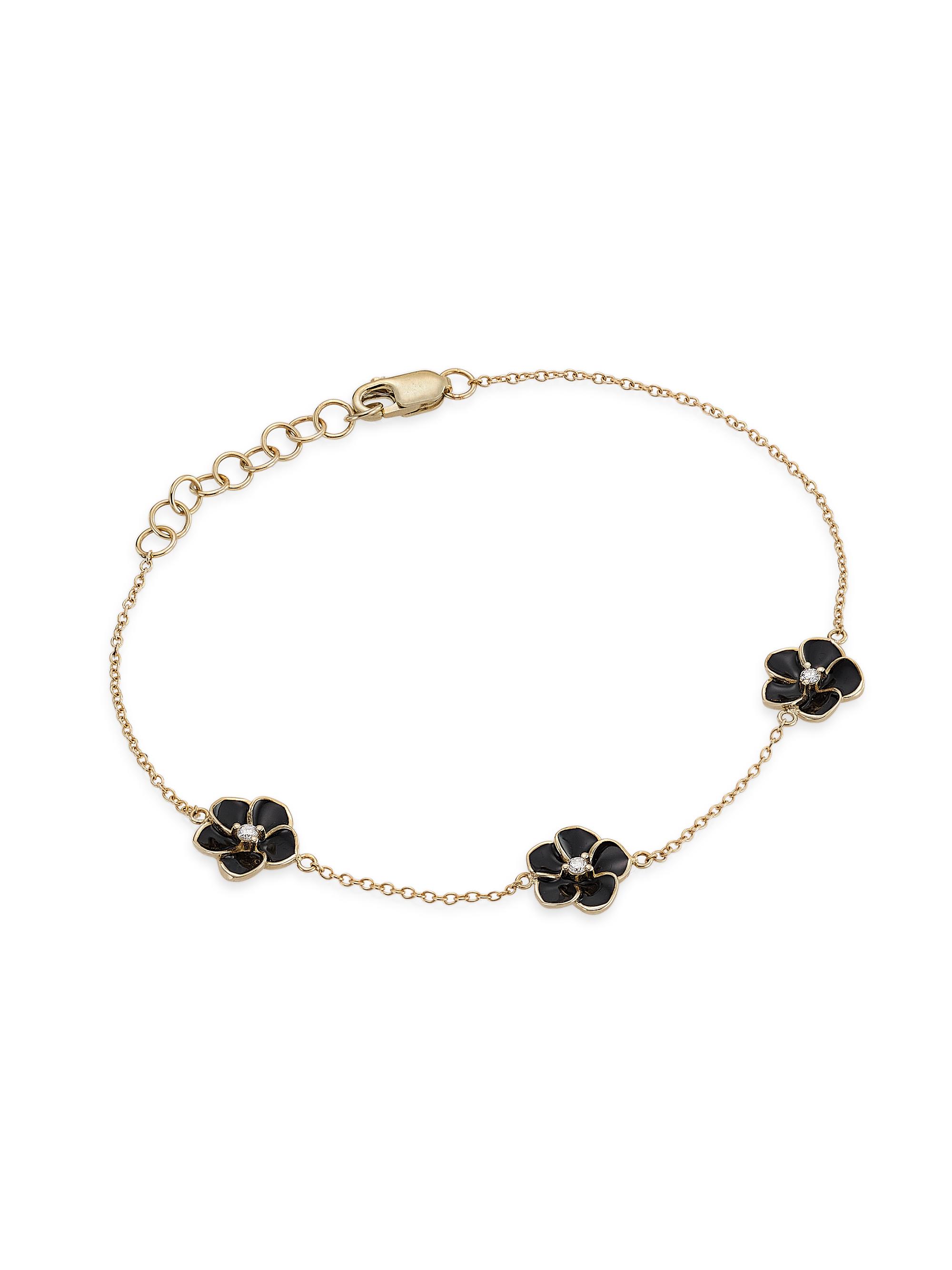 Stephanie Gottlieb Women's 14K Yellow Gold, Enamel, & 0.05 TCW Diamond Flower Bracelet - Black