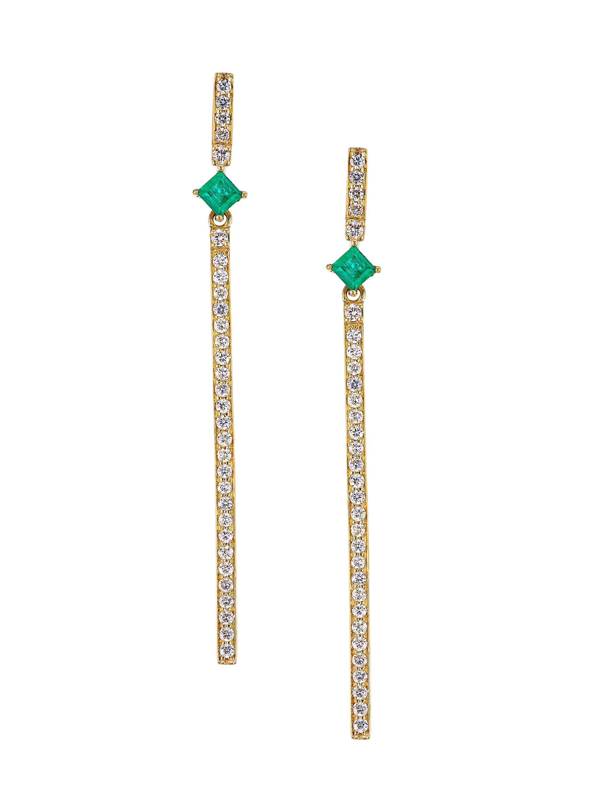 Stephanie Gottlieb Women's 14K Yellow Gold, Emerald, & 1.01 TCW Diamond Bar Drop Earrings - Emerald