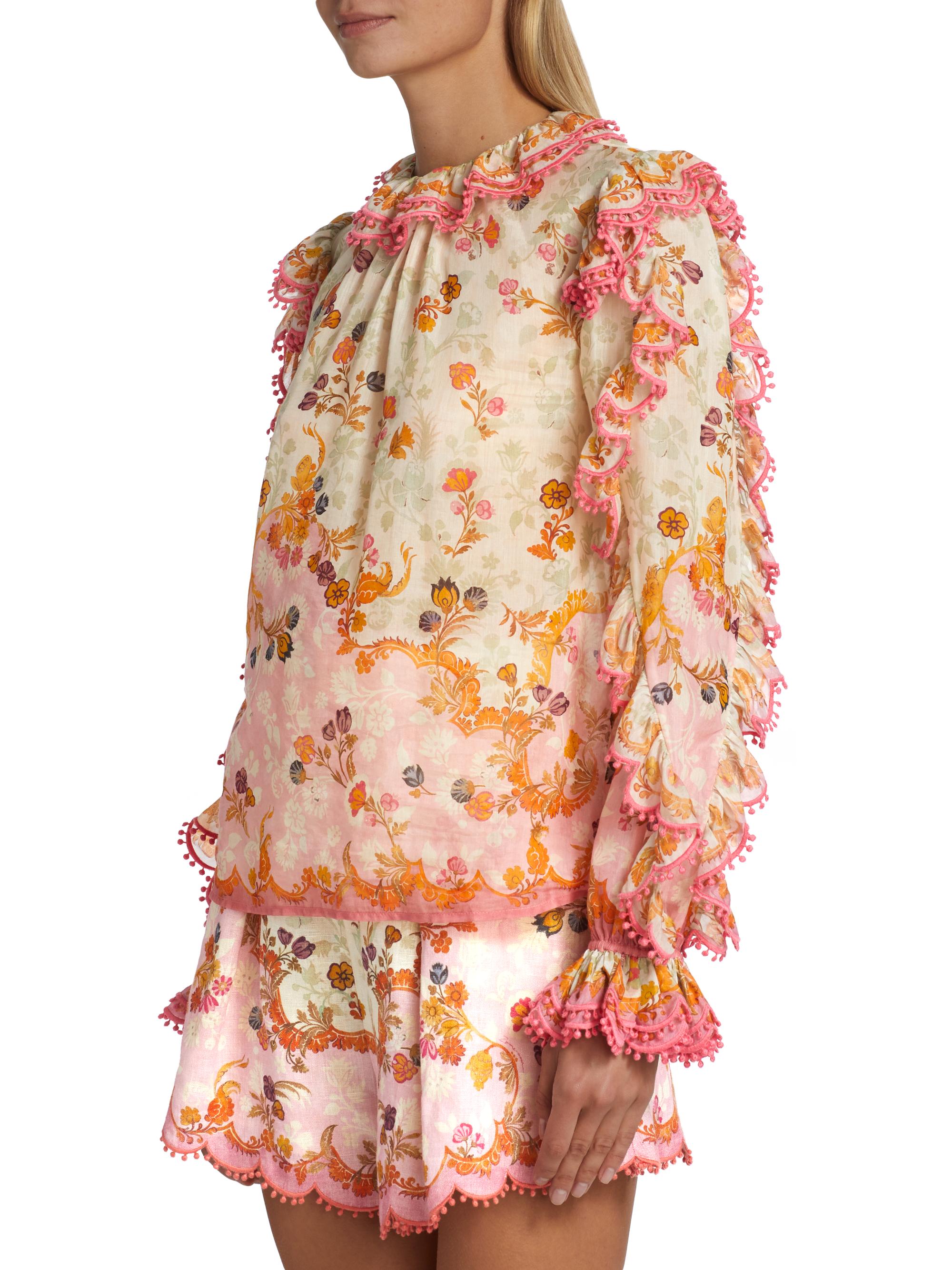 Zimmermann Laurel Floral-Print Cotton & Silk Frill Blouse