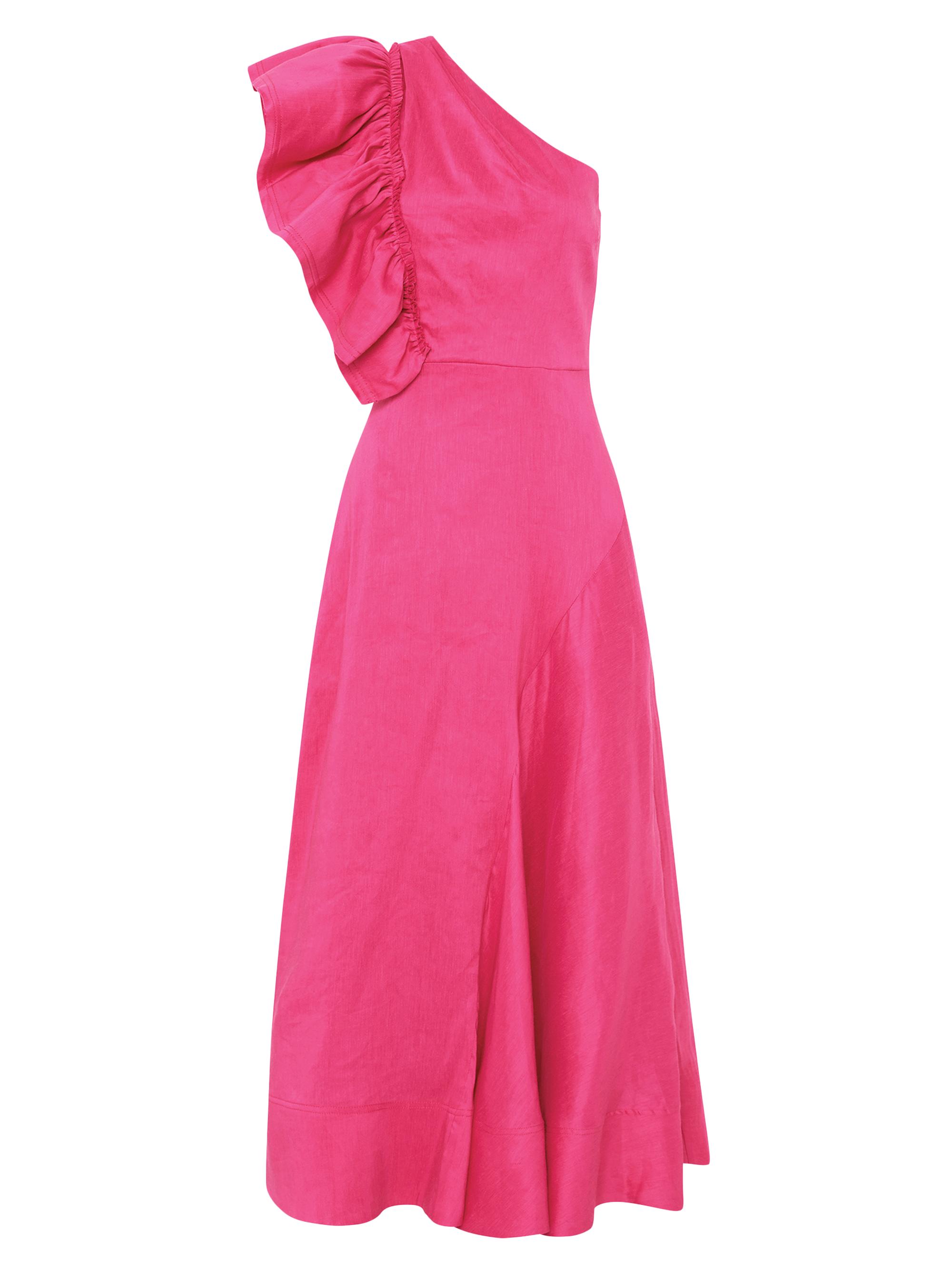 Aje Women's Sculptura Bonjour Asymmetric Linen-Blend Midi-Dress - Fuchsia