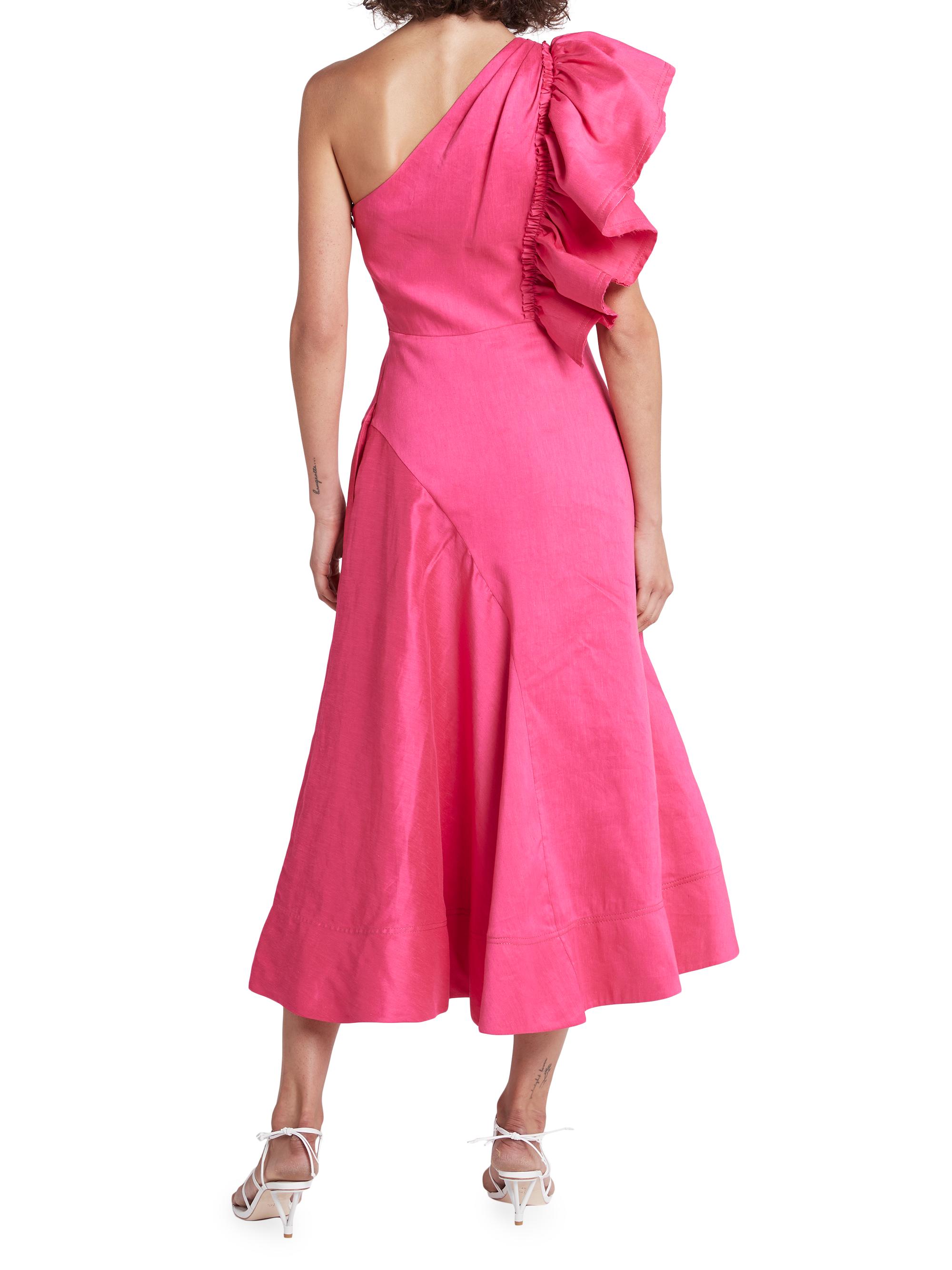 AJE Sculptura Bonjour Asymmetric Linen-Blend Midi-Dress - Fuchsia