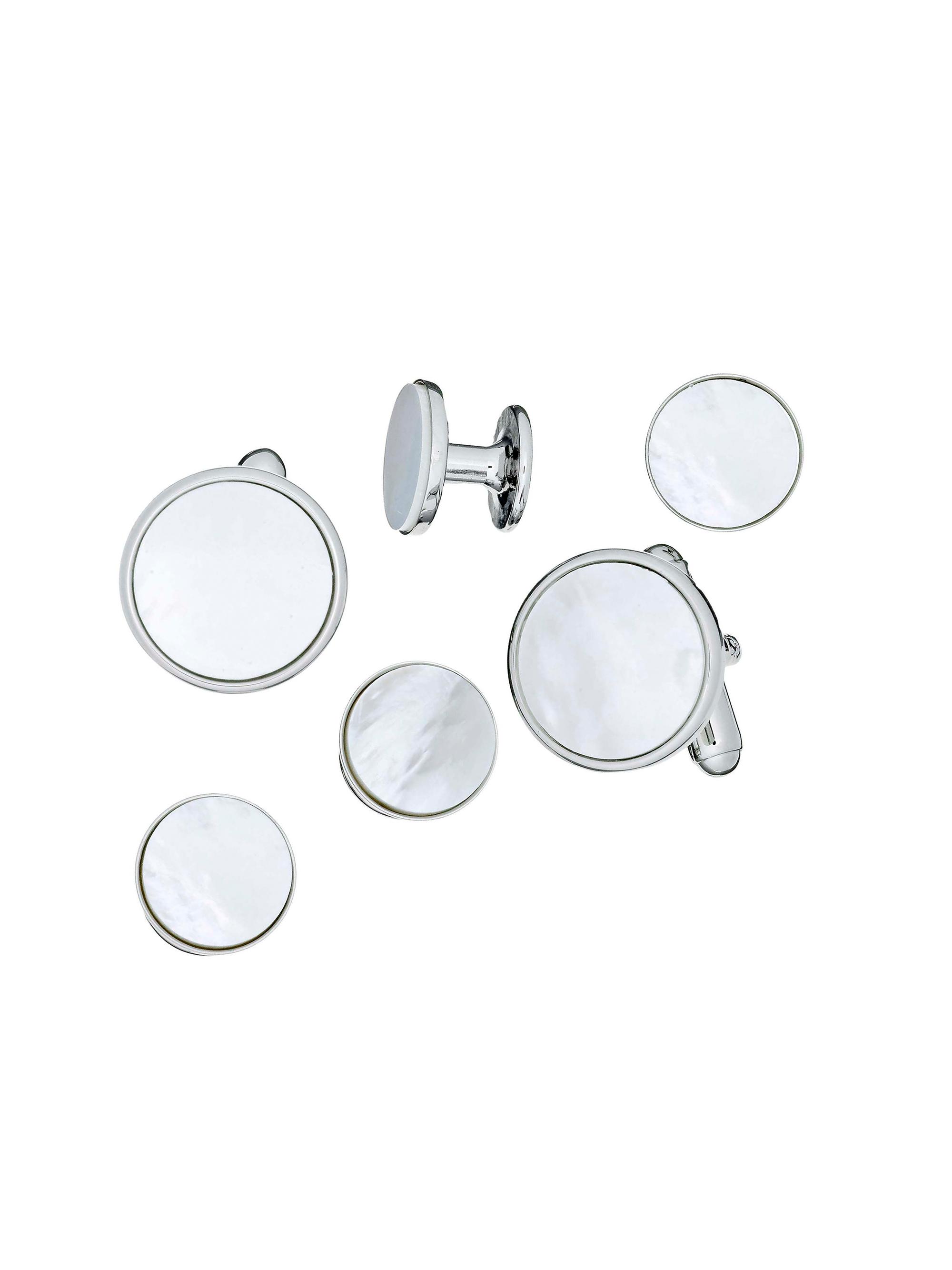 Link Up Men's Rhodium-Plated Brass & Mother-of-Pearl 6-Piece Stud & Cuff Links Set - Pearl Silver