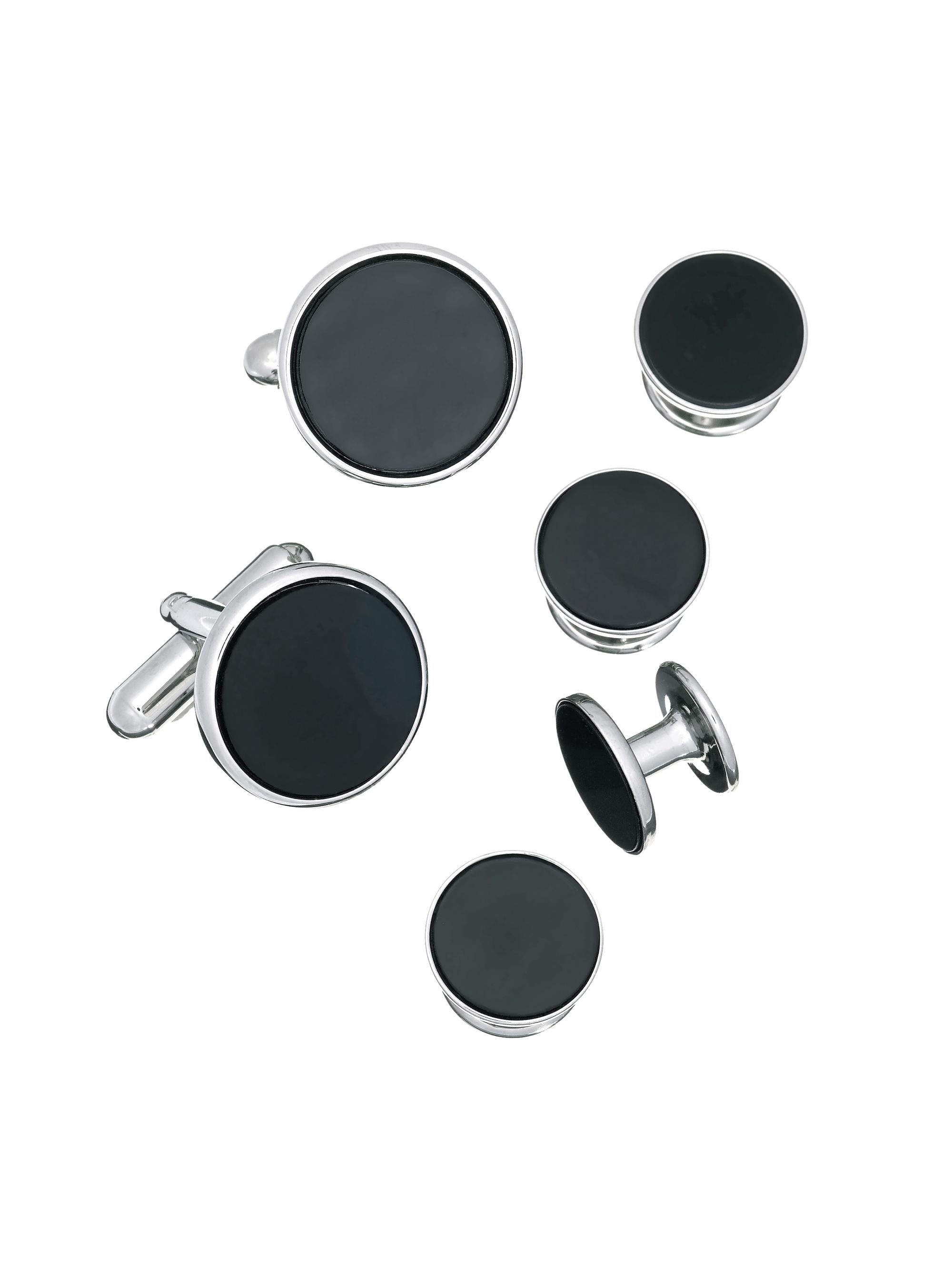 Link Up Men's 6-Piece Enamel Round Stud & Cufflink Set - Black Silver