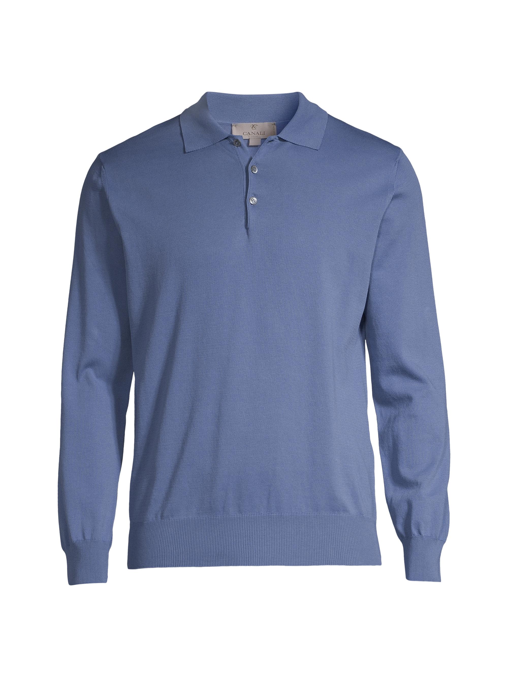 Canali Men's Knit Cotton Long-Sleeve Polo Shirt - Blue