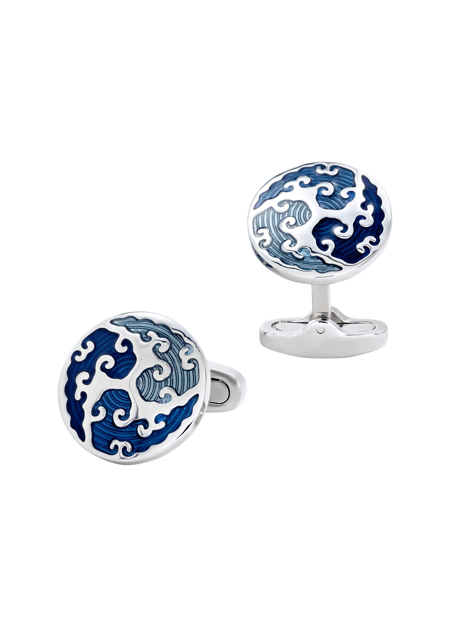 Link Up Men's Round Wave Overlay Cuff Links - Blue Silver