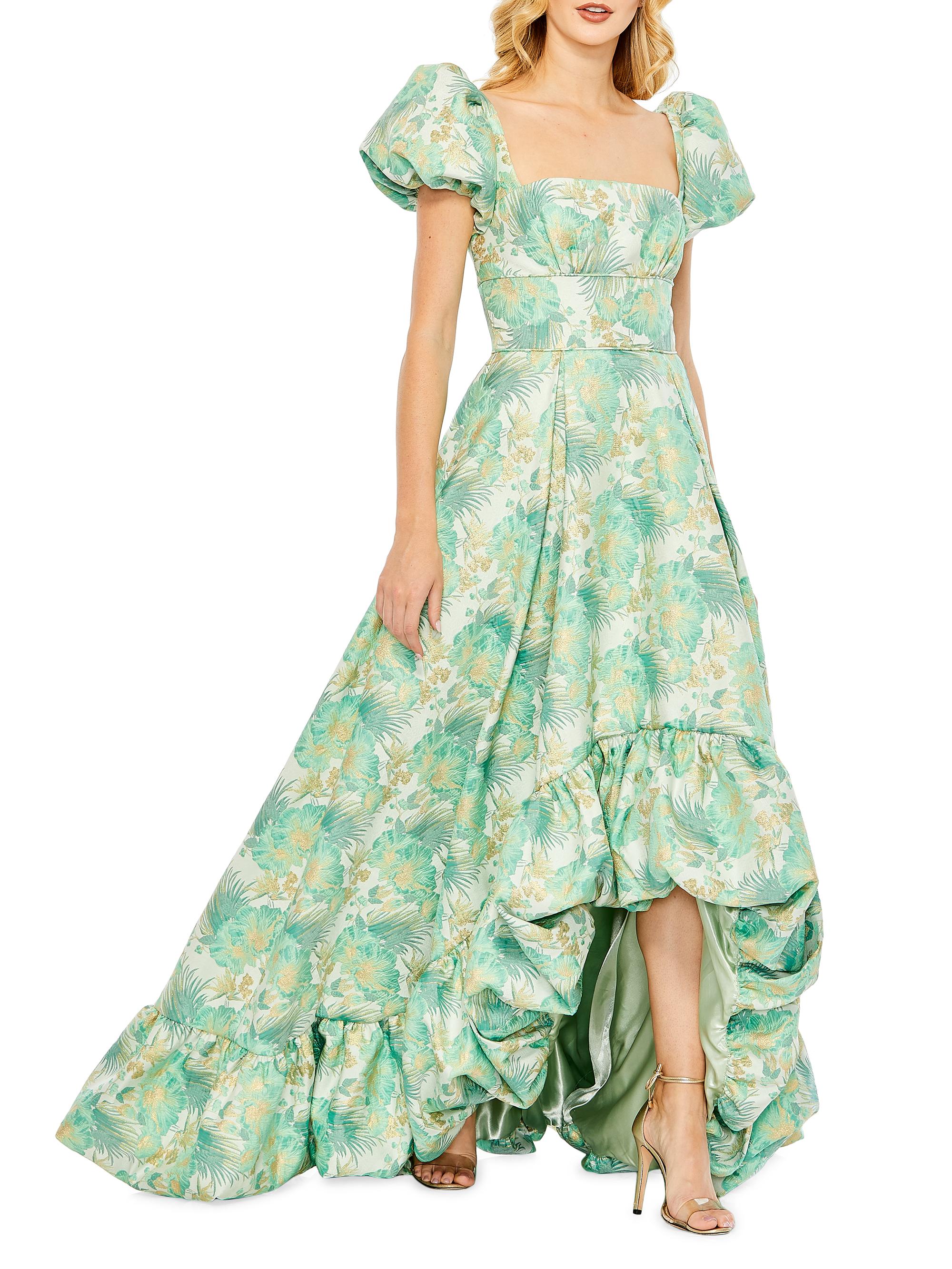 Mac Duggal Women's Puff-Sleeve High-Low Brocade Gown - Peach