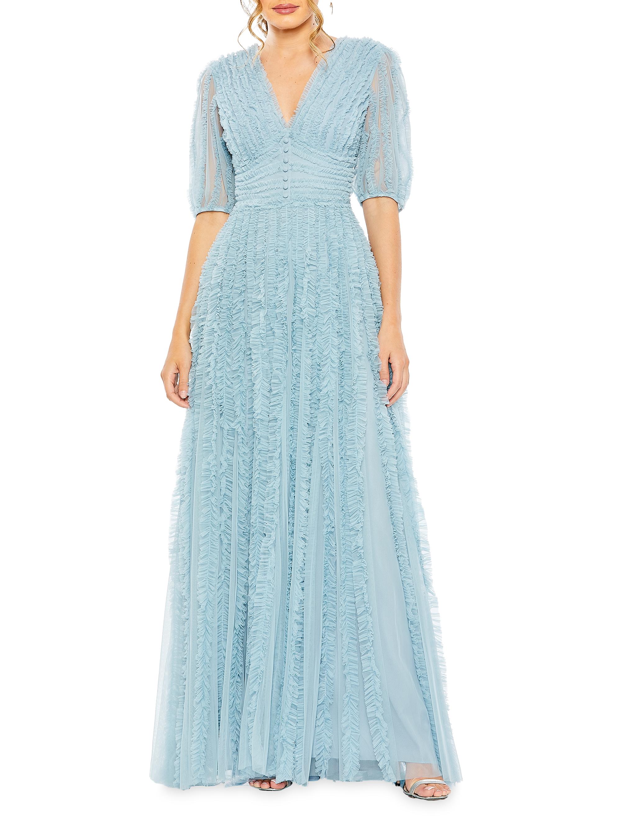 Mac Duggal Women's V-Neck Ruffled Chiffon Gown - French Blue