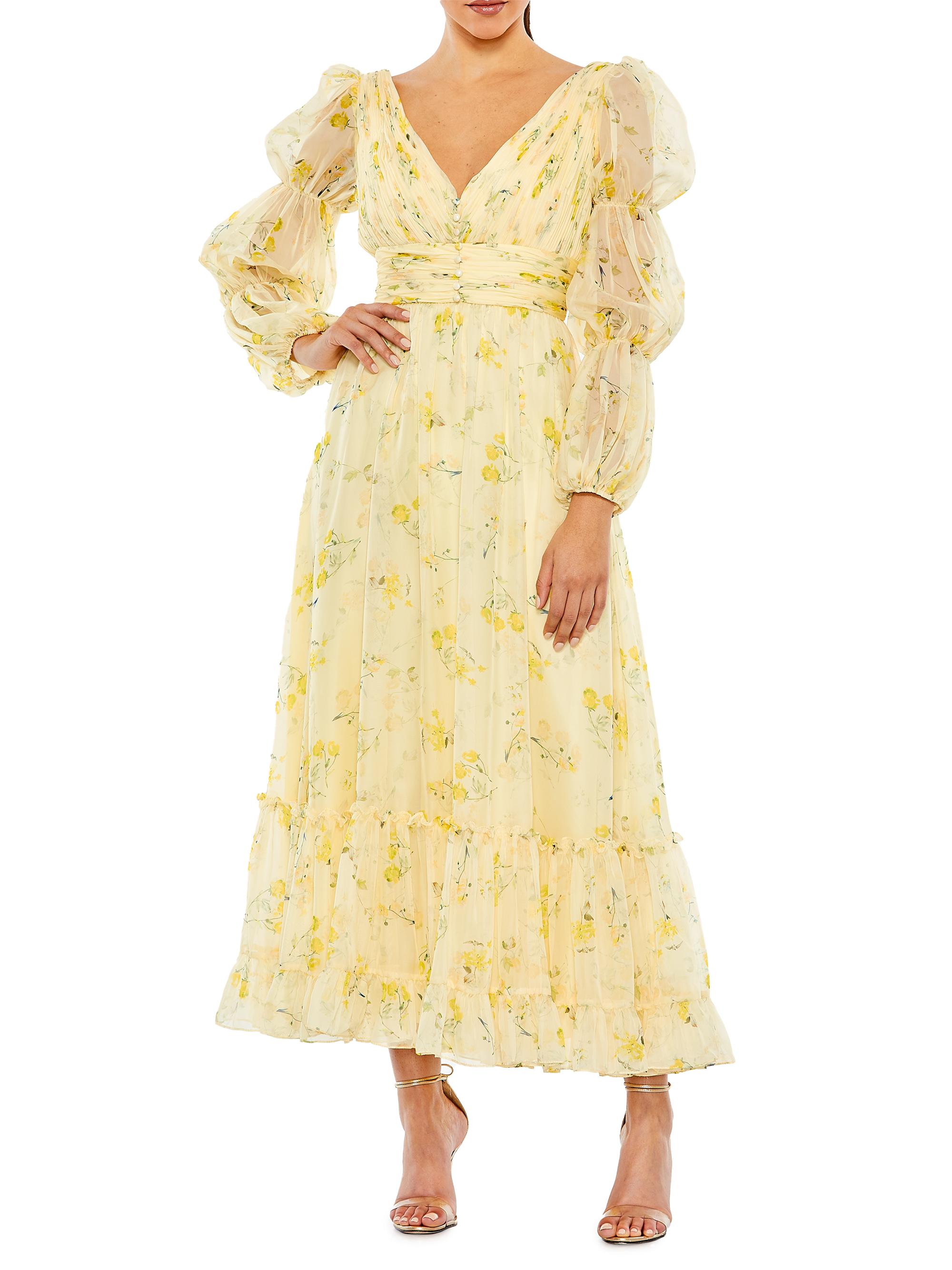 Mac Duggal Women's Floral Puff-Sleeve Chiffon Midi-Dress - Yellow Multi