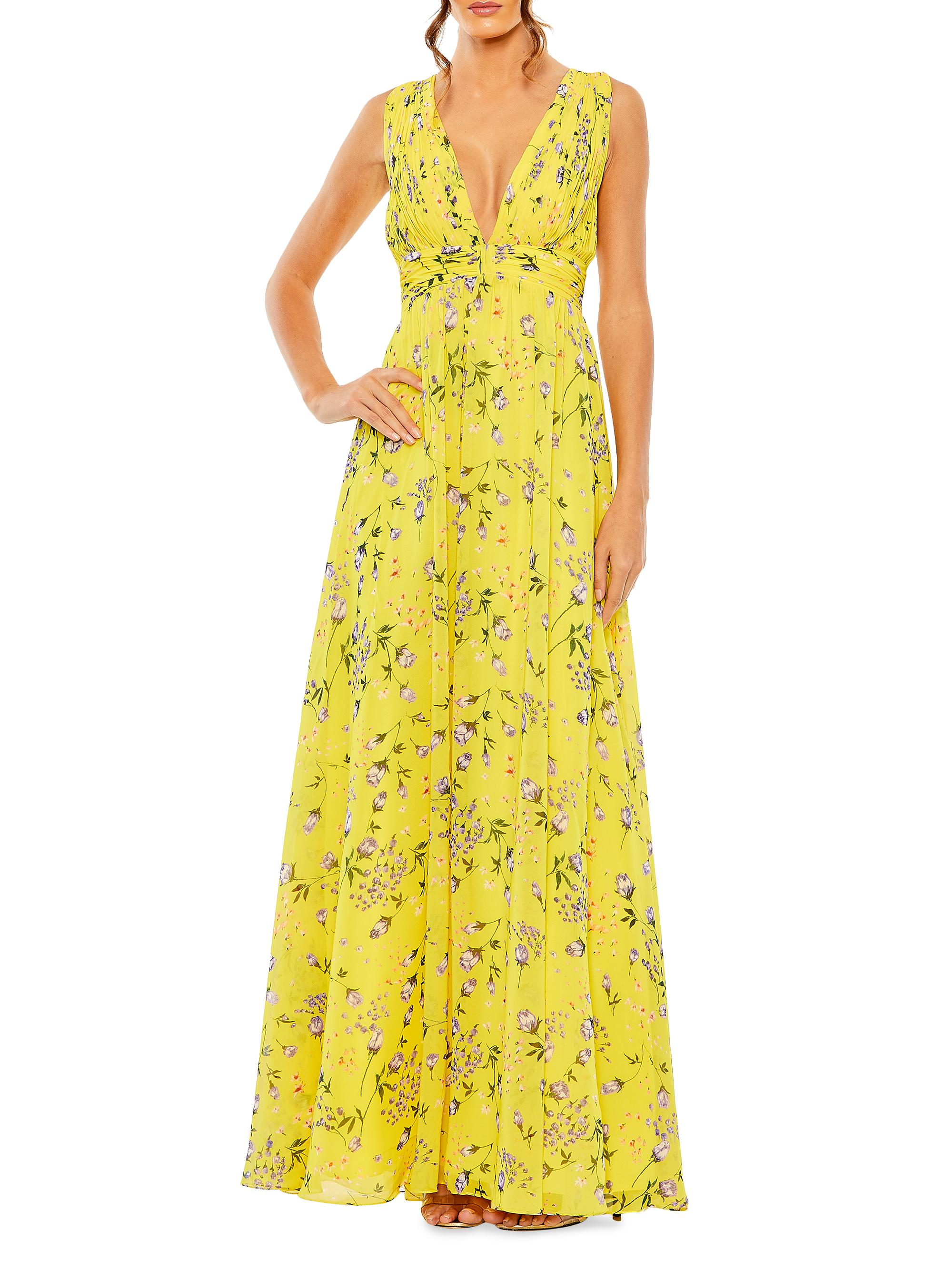 Mac Duggal Women's Floral V-Neck Pleated Gown - Yellow Multi