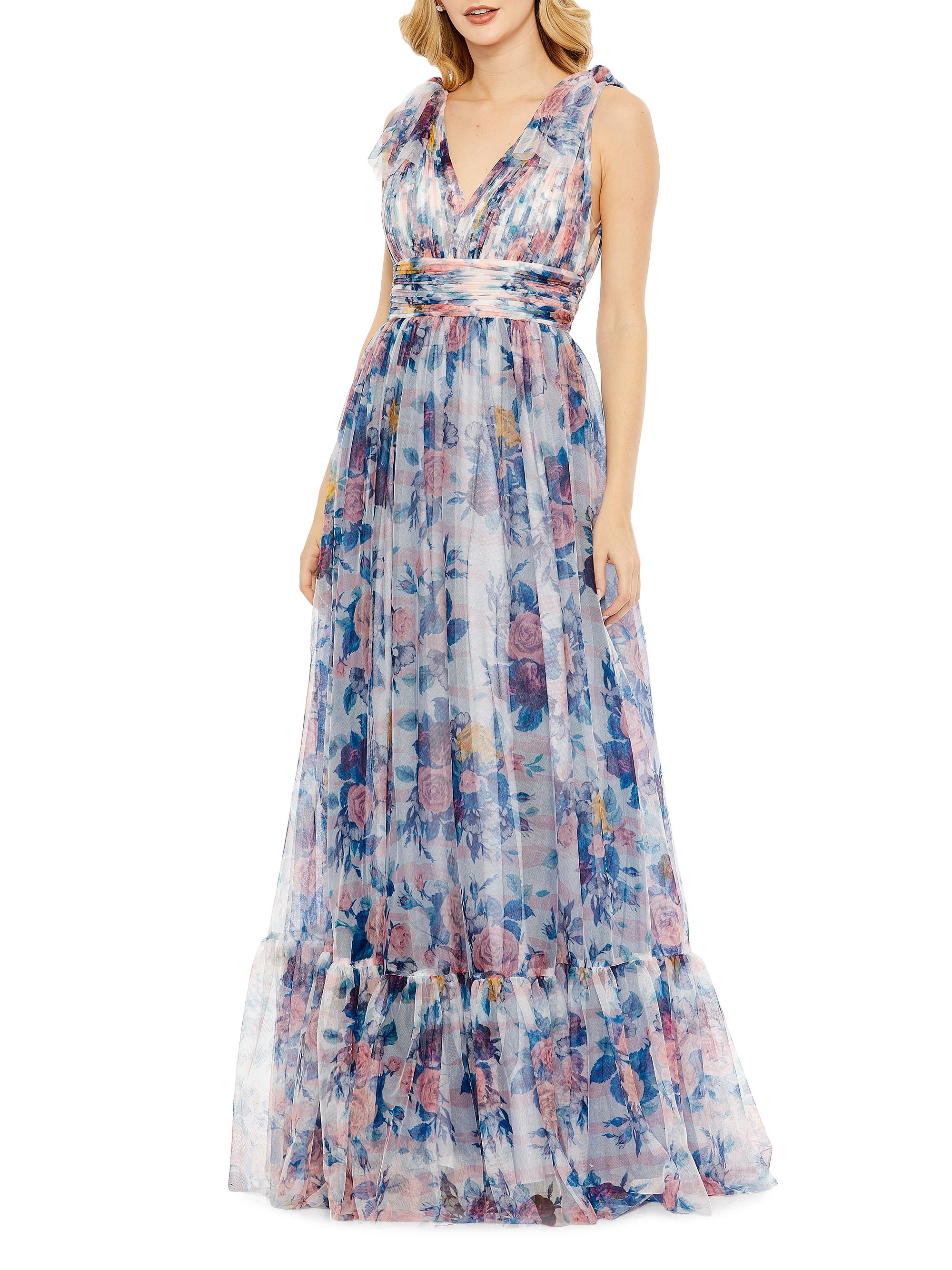 Mac Duggal Women's Floral Bow-Shoulder V-Neck Gown - Blue Multi