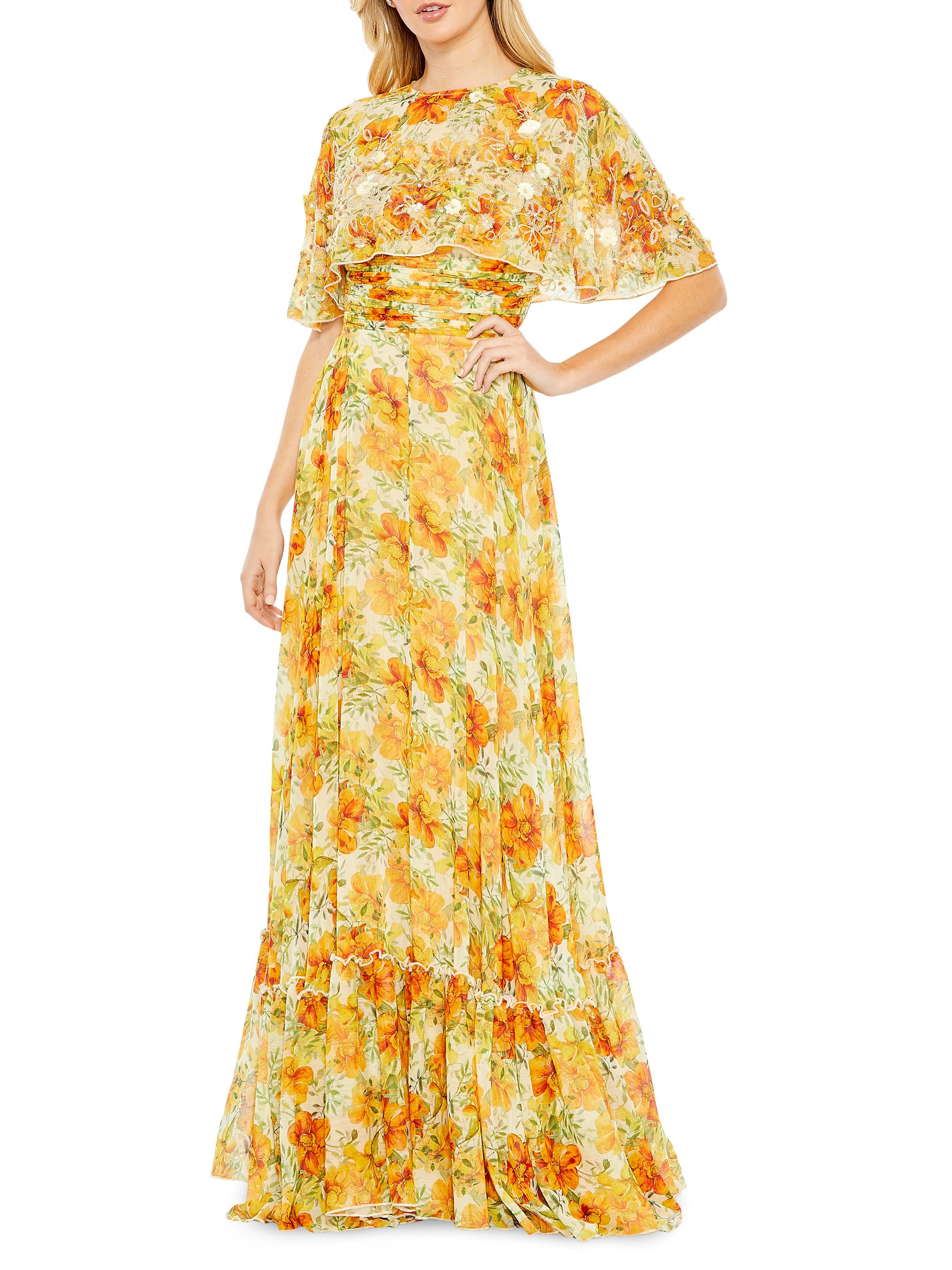 Mac Duggal Women's Embellished Floral Cape-Sleeve Gown - Yellow Multi
