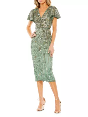 Shop Mac Duggal Cocktail Beaded Faux Wrap Midi-Dress | Saks Fifth Avenue