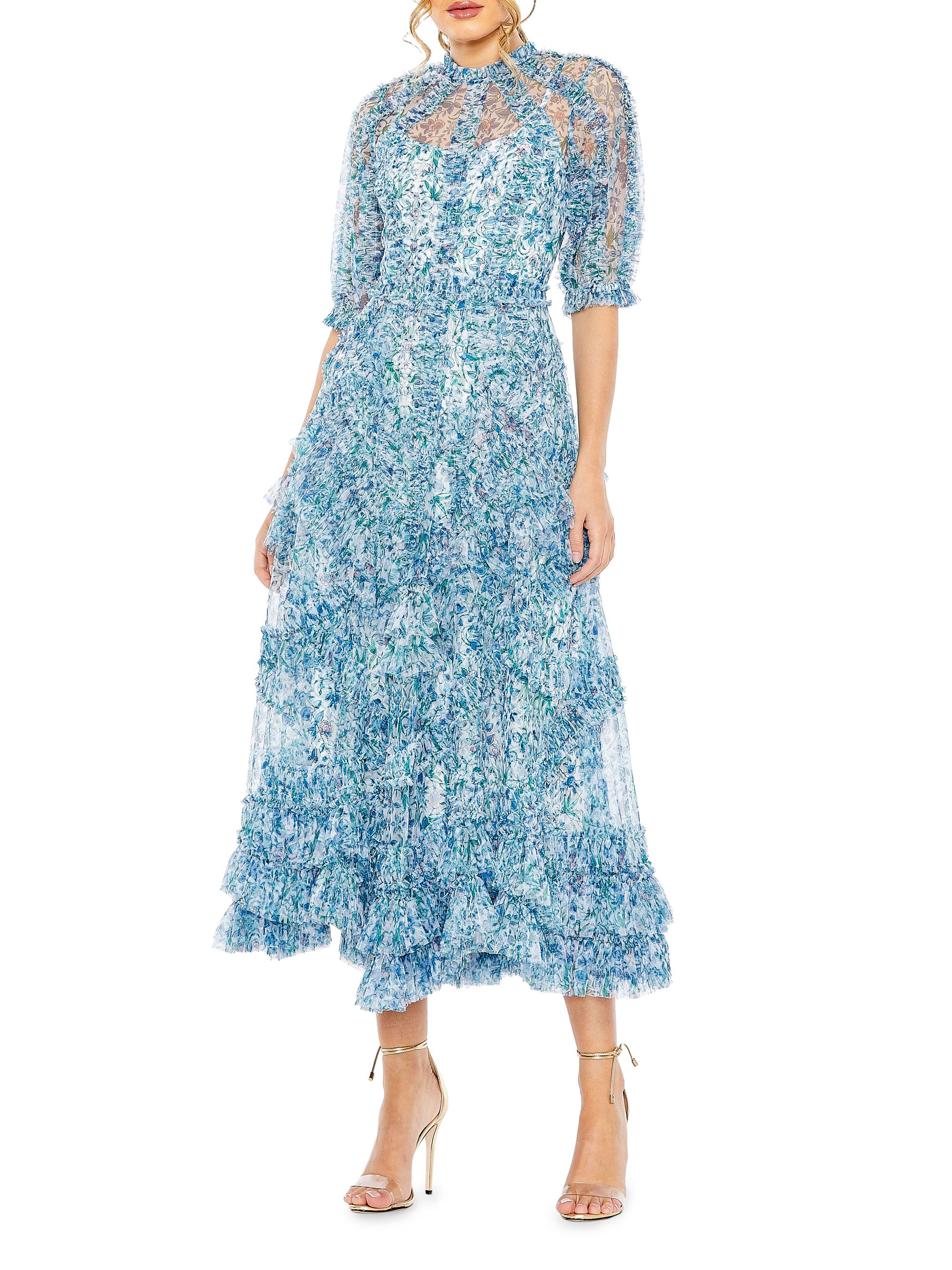 Mac Duggal Women's Floral Frill Puff-Sleeve Cocktail Dress - Blue Multi