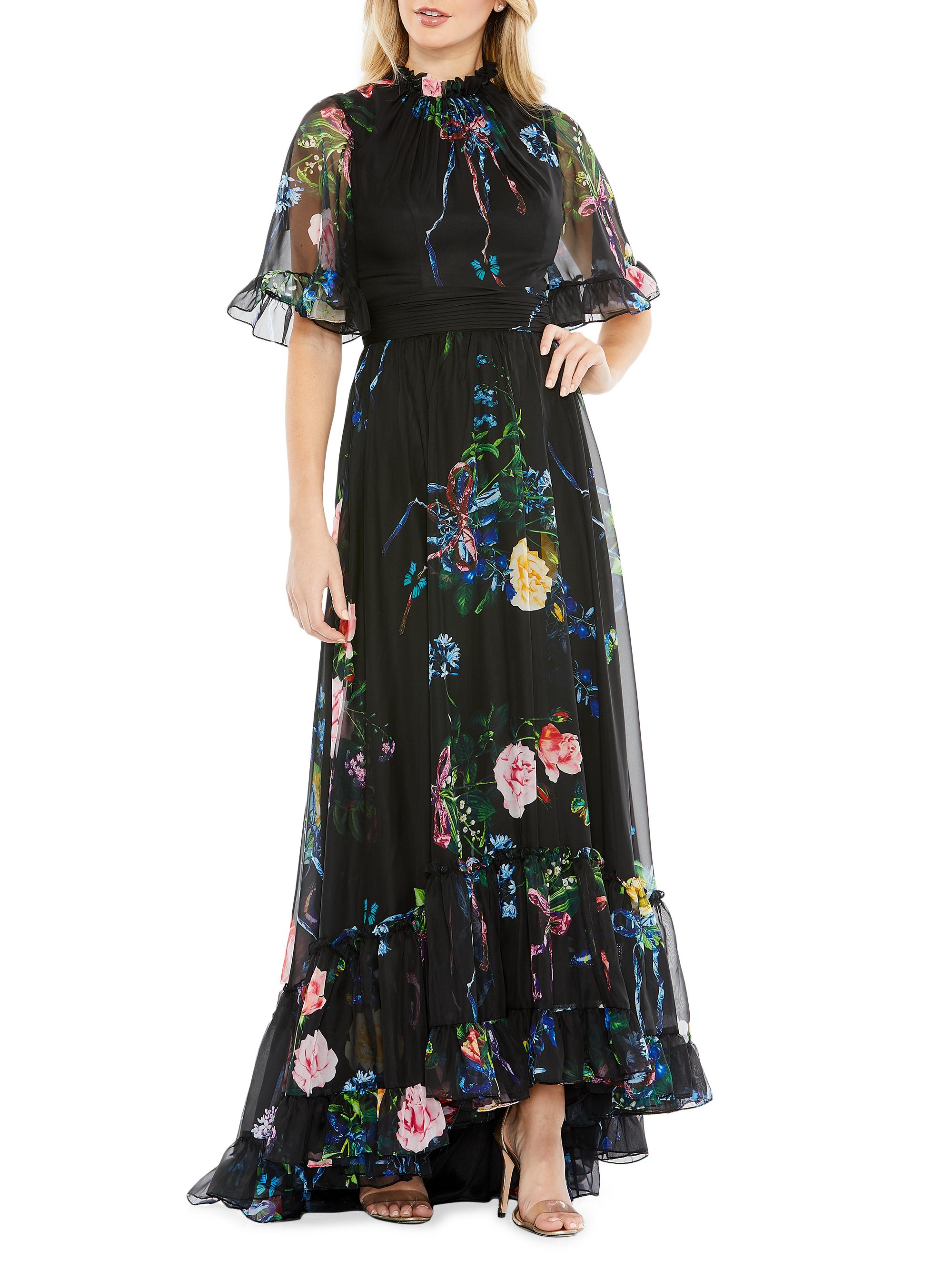 Mac Duggal Women's Floral High-Neck Flutter-Sleeve Gown - Black Multi