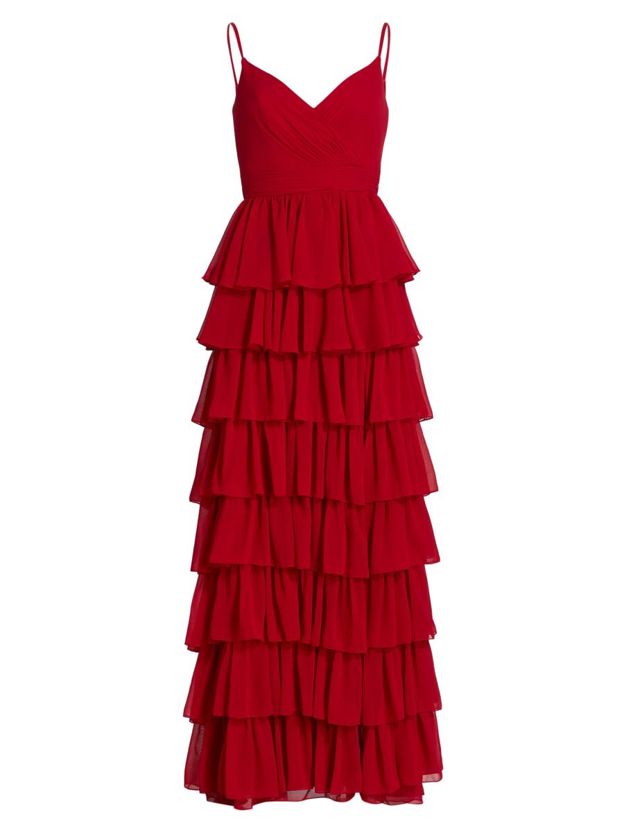 open lace back dress Mac Duggal Women's Ruffle Shoulder V-Neck Gown - Wine