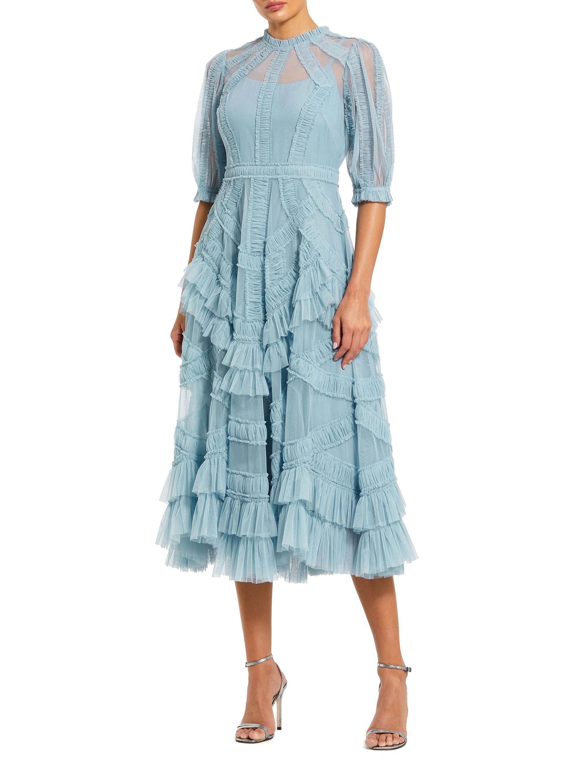 Mac Duggal Women's High-Neck Gathered Tulle Midi-Dress - French Blue