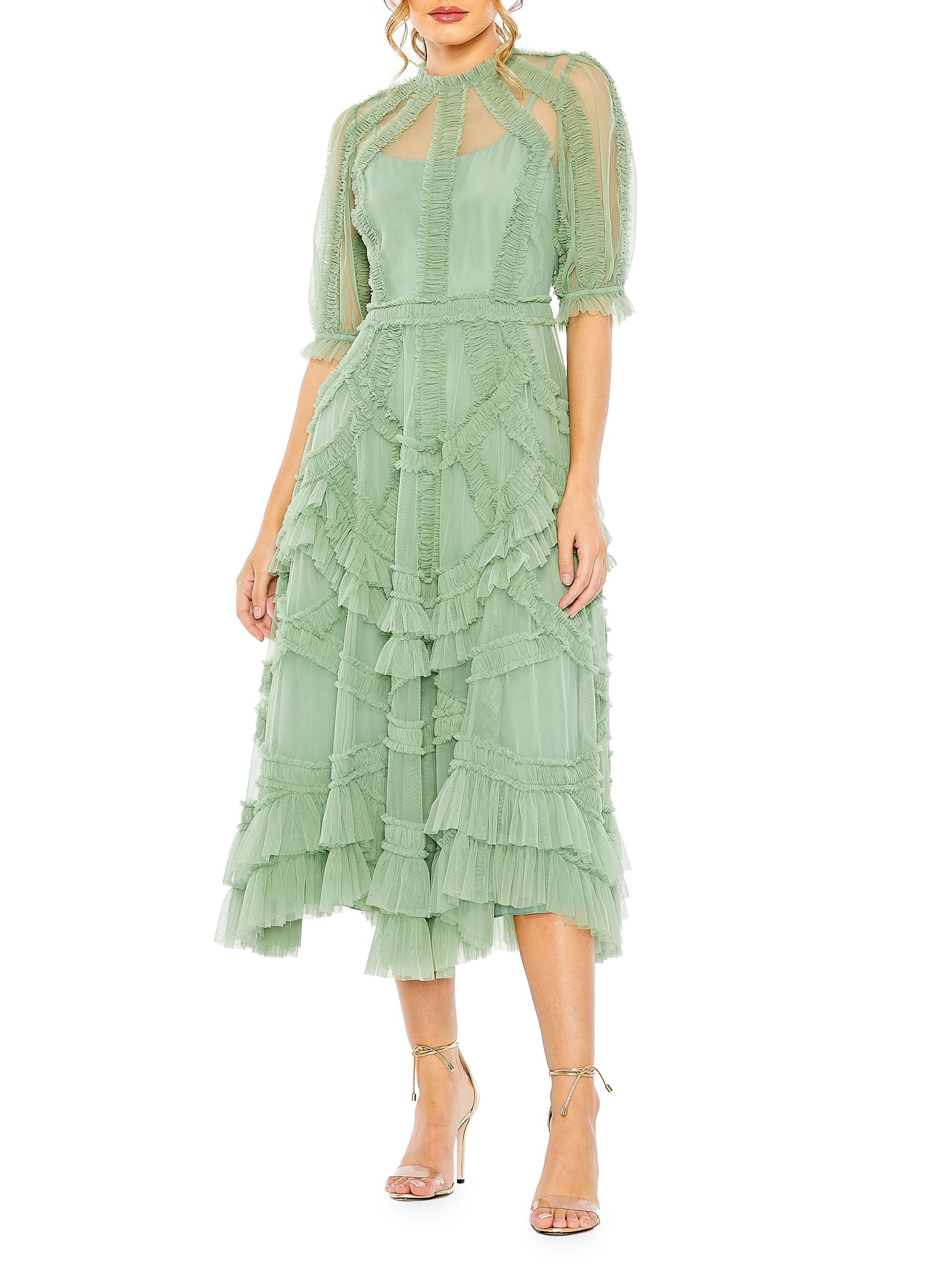Women’s High-Neck Gathered Tulle Midi-Dress – Jade – Size 6